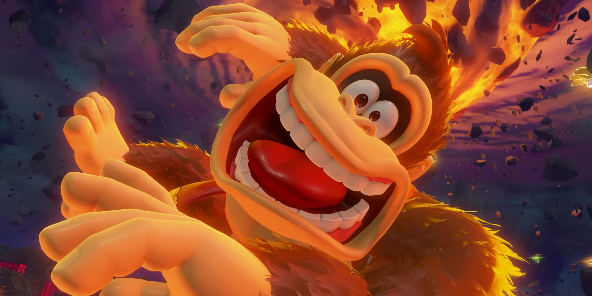 DK being whirled around by a tornado in Donkey Kong Bananza.