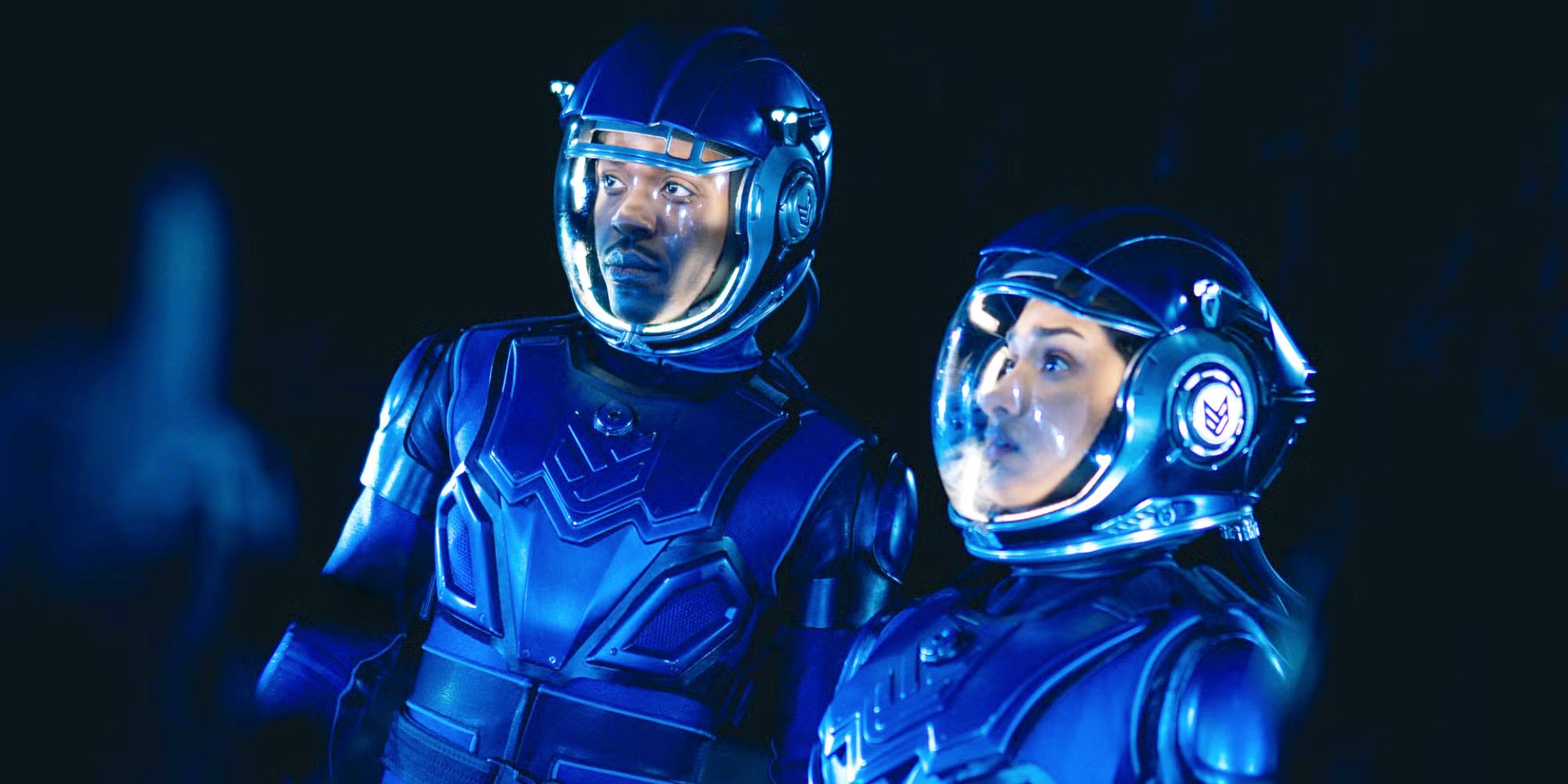 Ncuti Gatwa as the Doctor and Varada Sethu as Belinda wearing space suits in Doctor Who's 