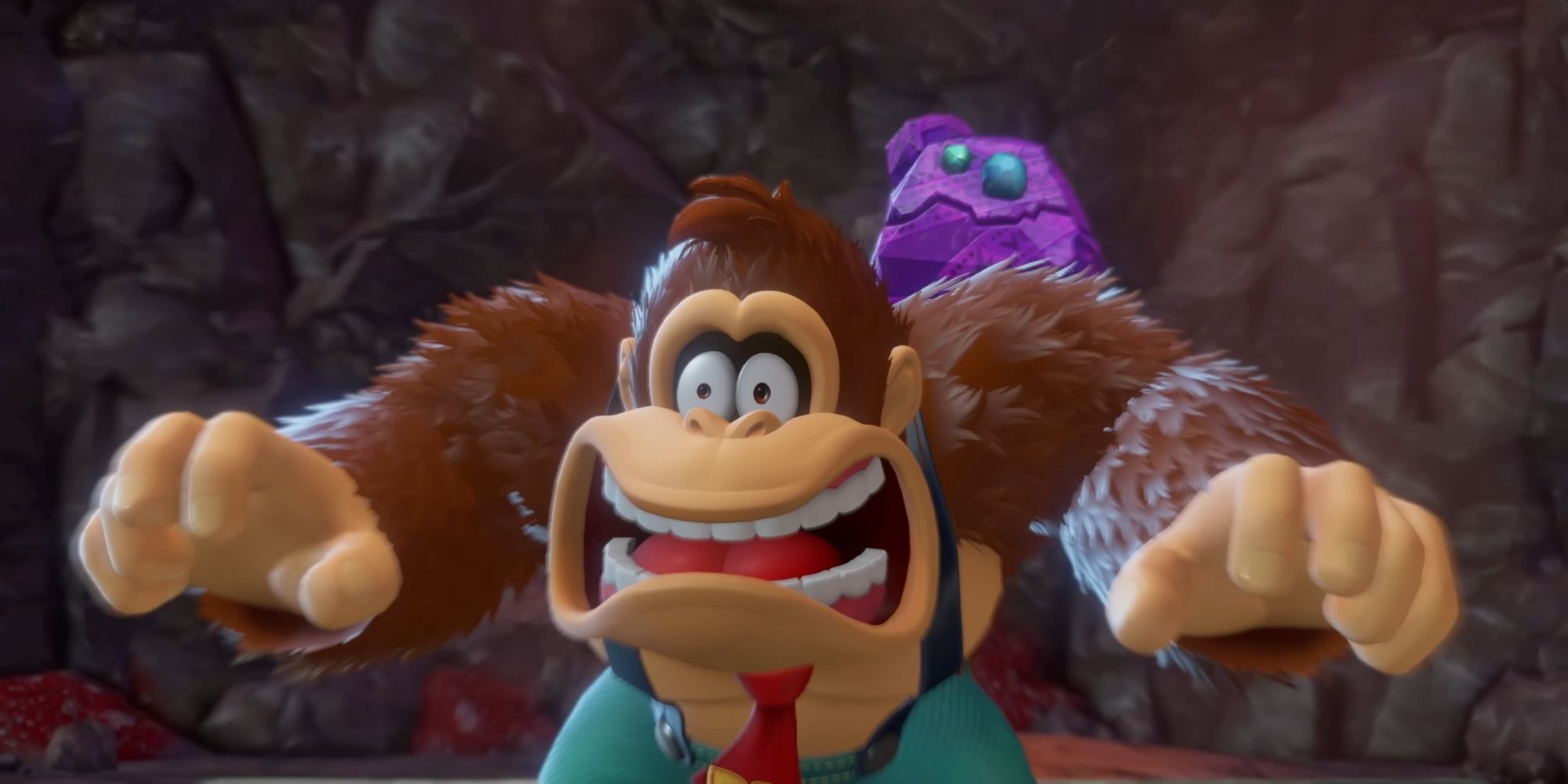 Donkey Kong looks shocked in Donkey Kong Bananza.