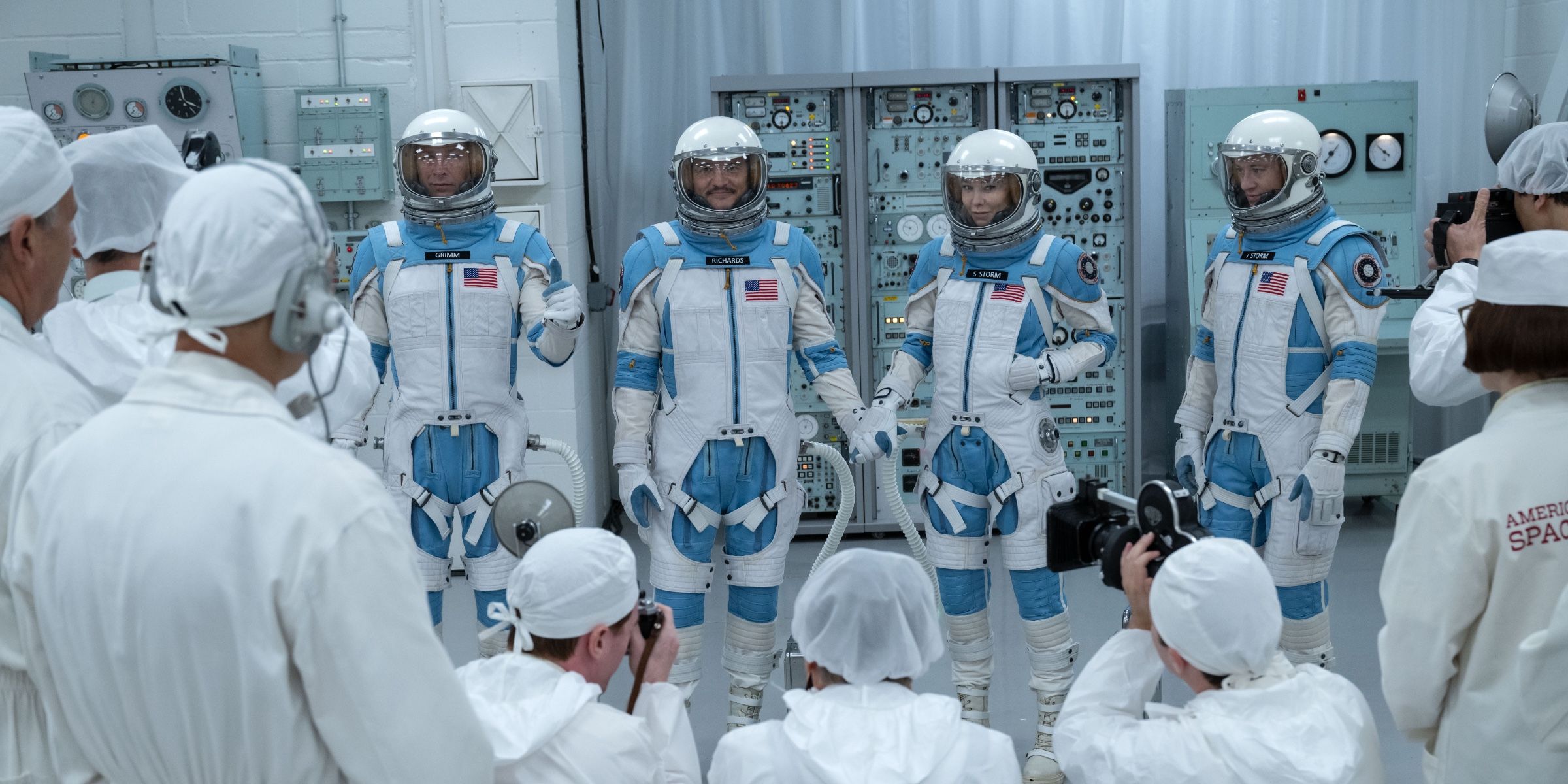 Ebon Moss-Bachrach, Pedro Pascal, Vanessa Kirby and Joseph Quinn In Space Suits In The Fantastic Four First Steps