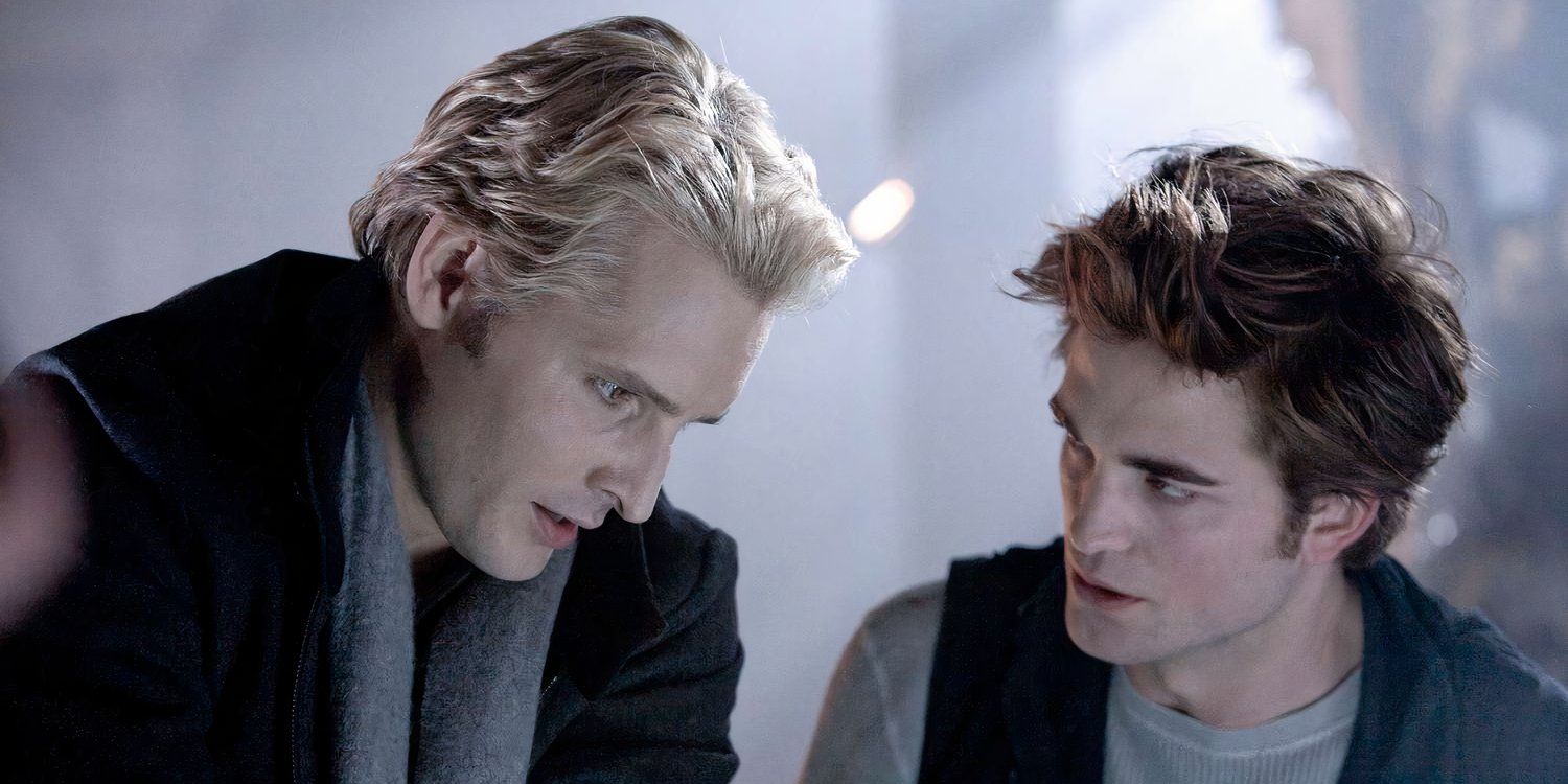 Peter Facinelli as Carlisle and Robert Pattinson as Edward in The Twilight Saga