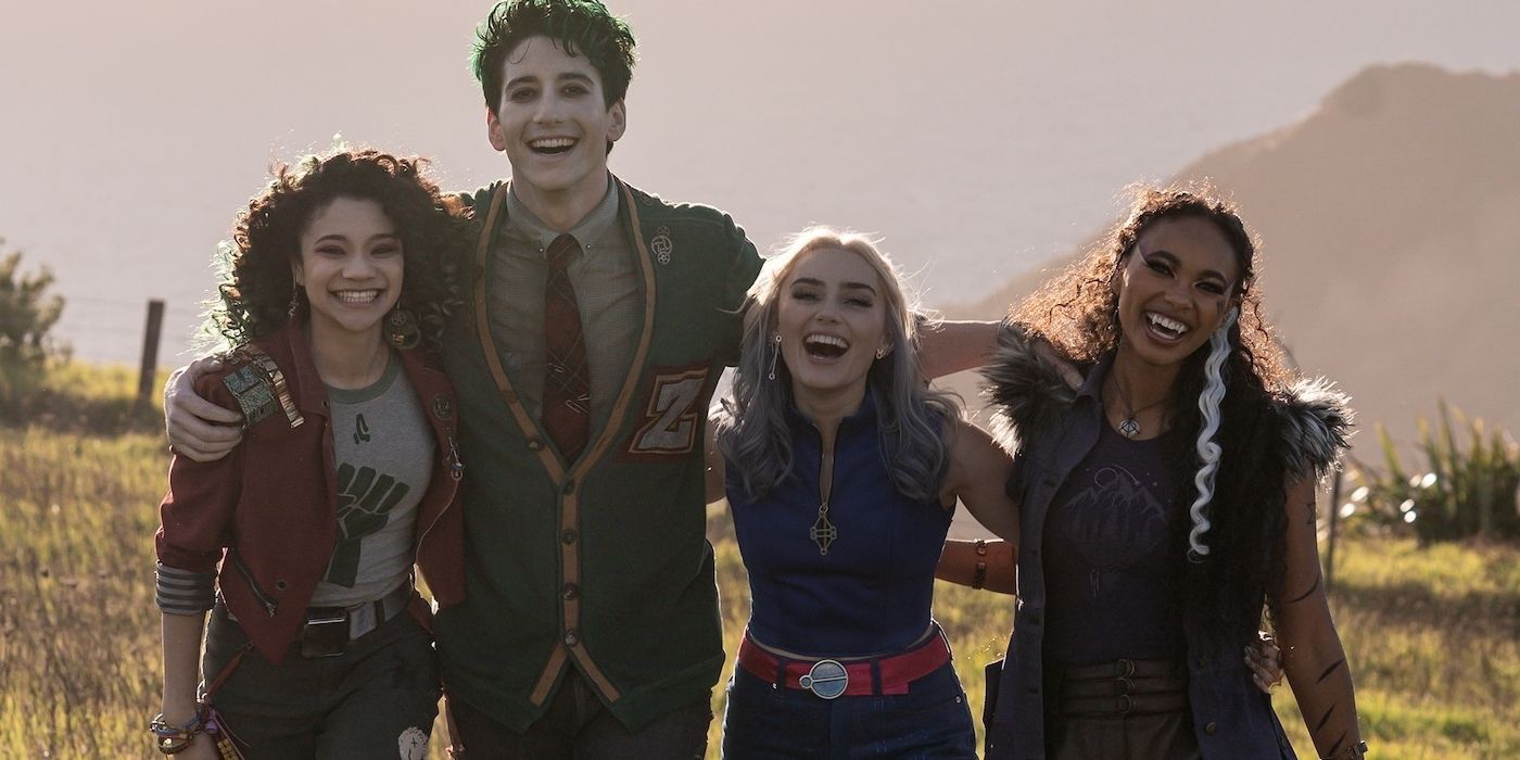 Eliza, Zed, Addison, and Willa standing arm in arm on a hilltop in Zombies 4: Dawn of the Vampires