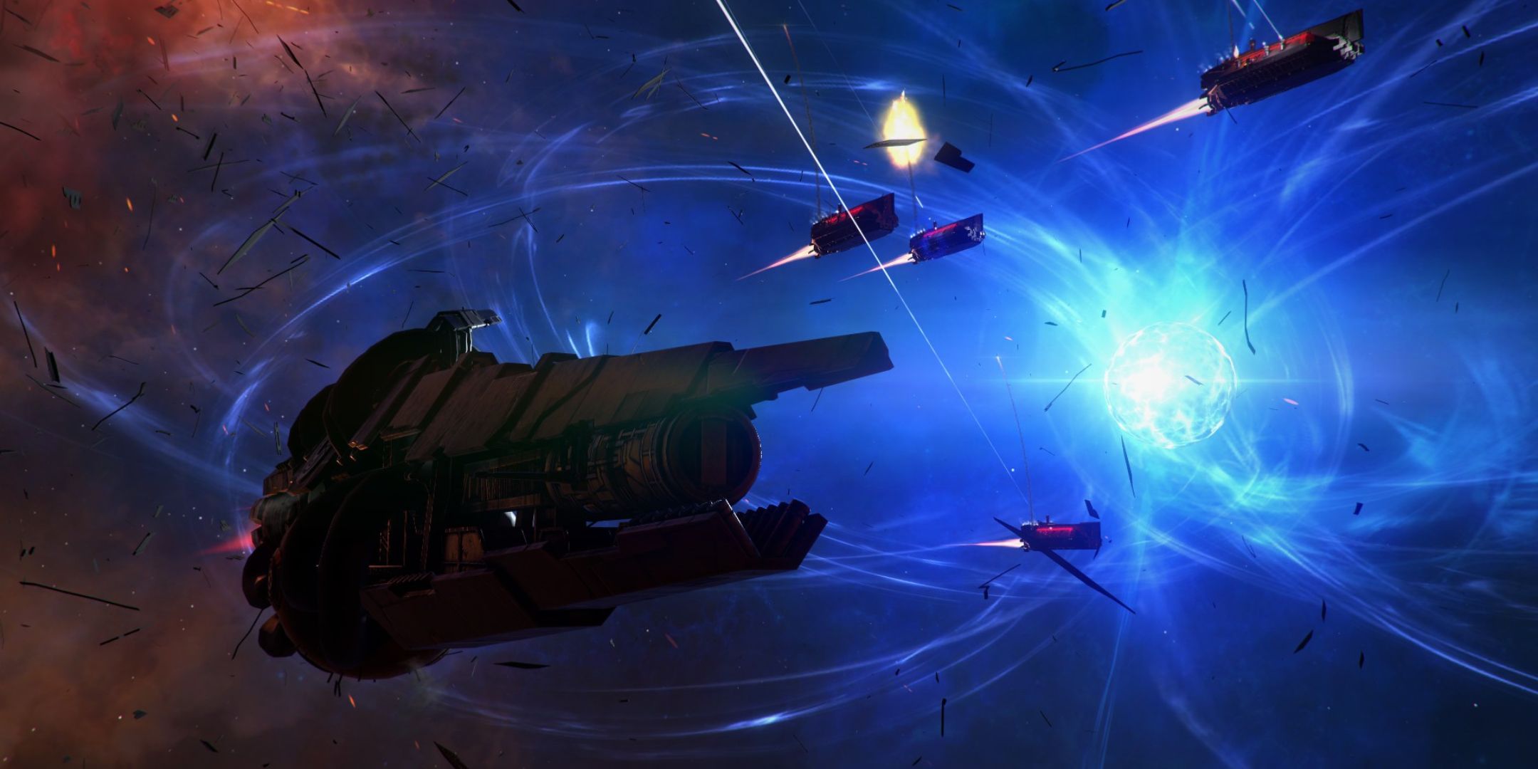 Una grande nave spaziale circondata da navi più piccole in Endless Space 2.