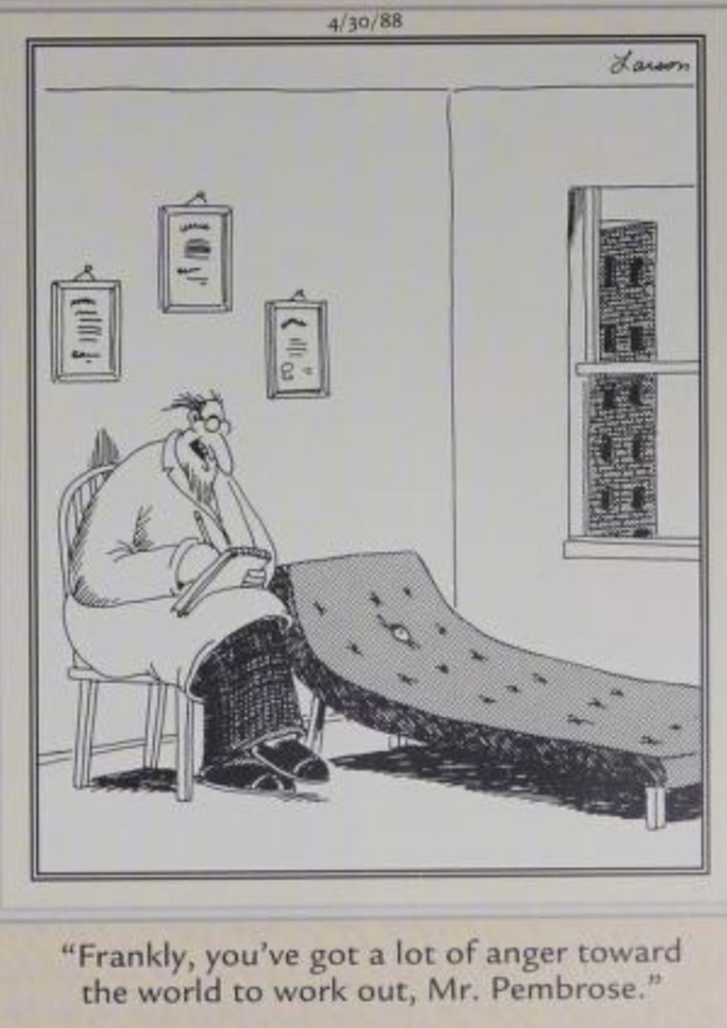 Far Side, April 30, 1988, a therapist talks to a single eye on a couch