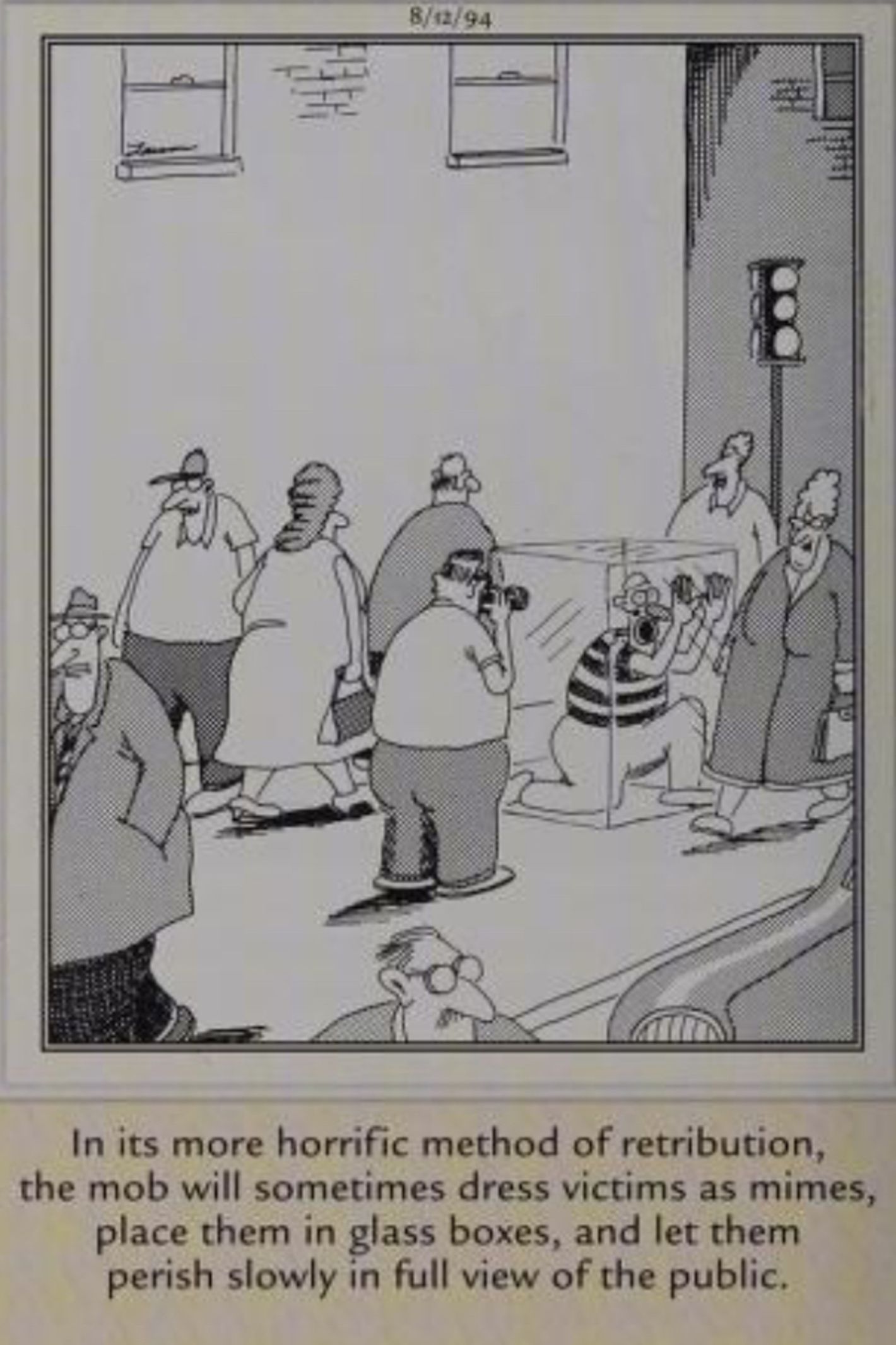 Far Side, August 12, 1994, a mime encased in a real glass box