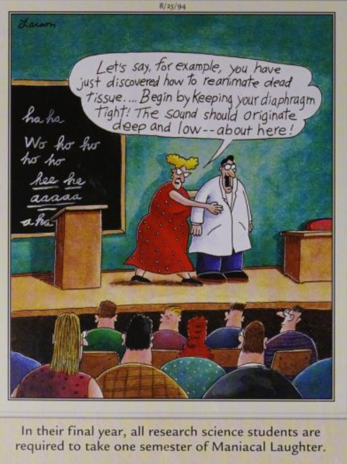 Far Side, August 25, 1994, scientists in 'Maniacal Laughter' class