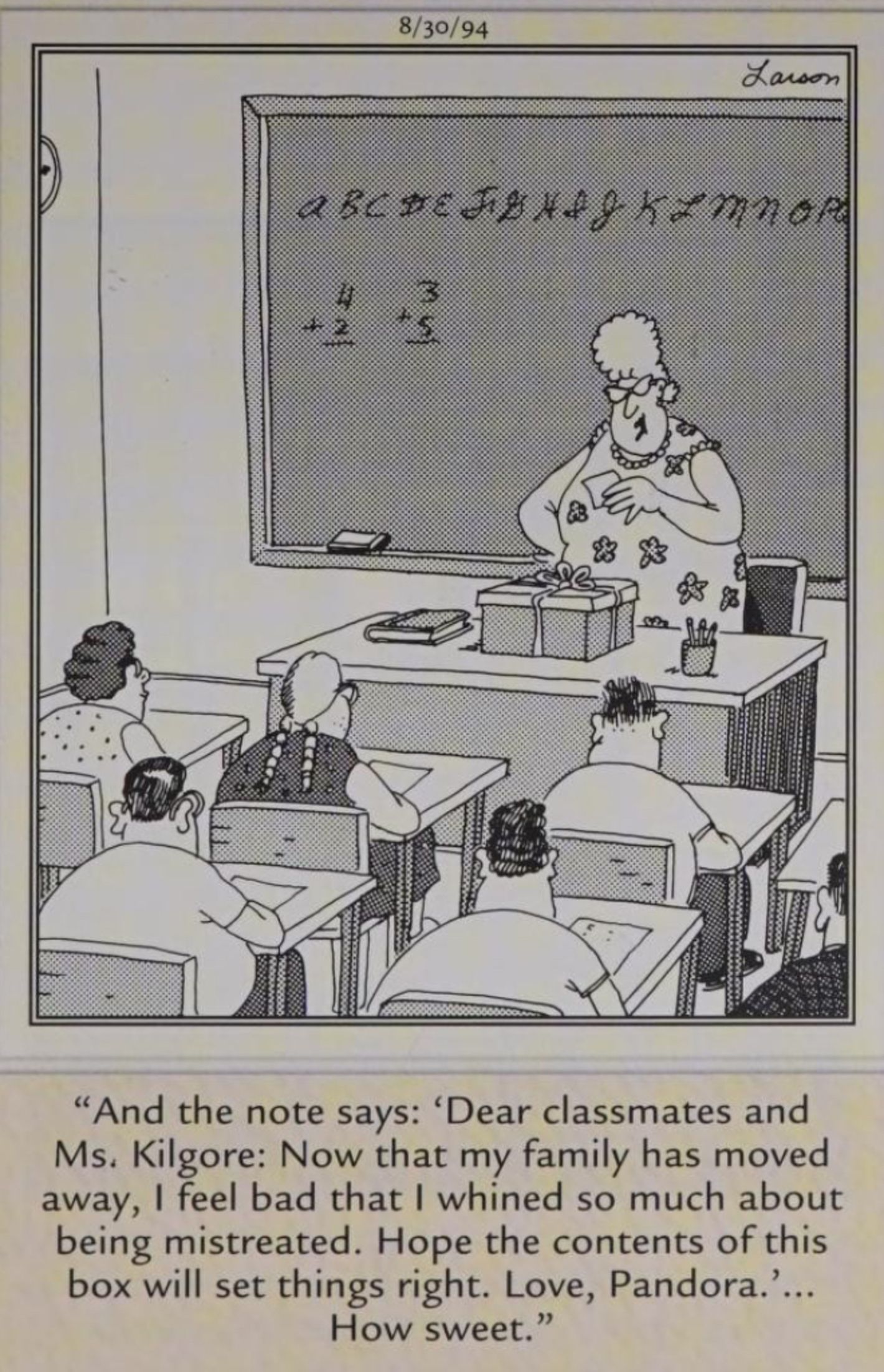Far Side, August 30, 1994, Pandora leaves her classmates a 'gift' in the form of a box