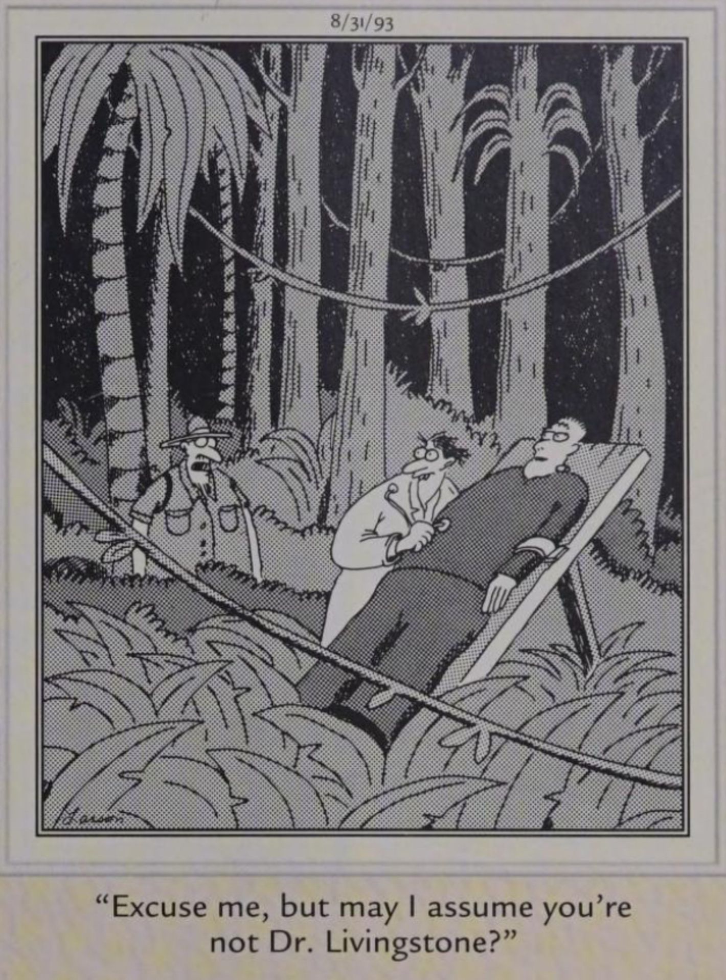 Far Side, agosto 31, 1993, esploratore trova Dr. Frankenstein nella giungla