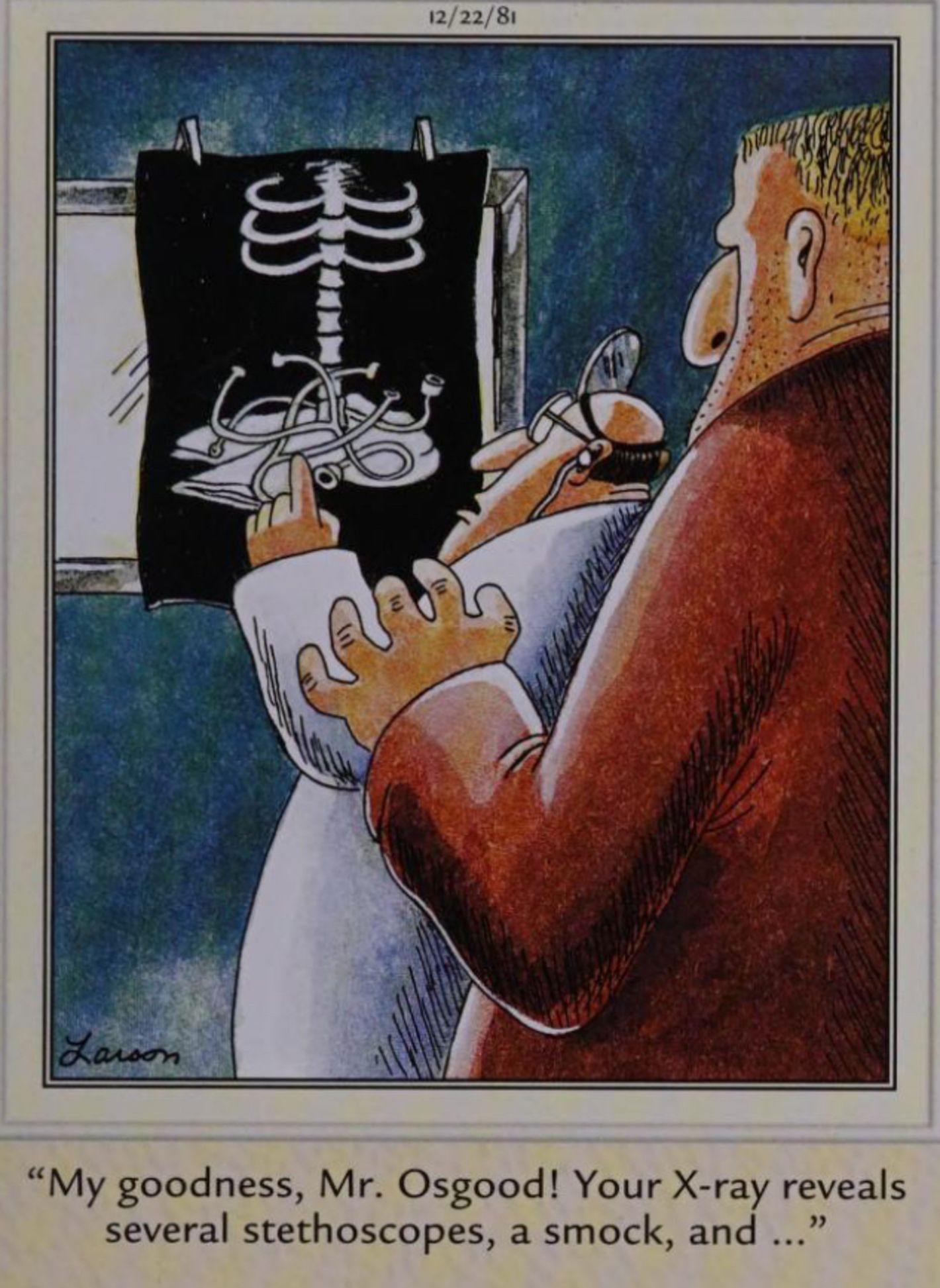 Far Side, December 22, 1981, a man is about to eat his doctor