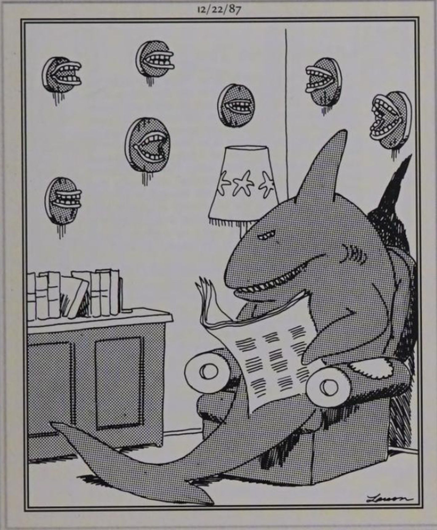 Far Side, December 22, 1987, a shark with shark's jaws mounted on its wall