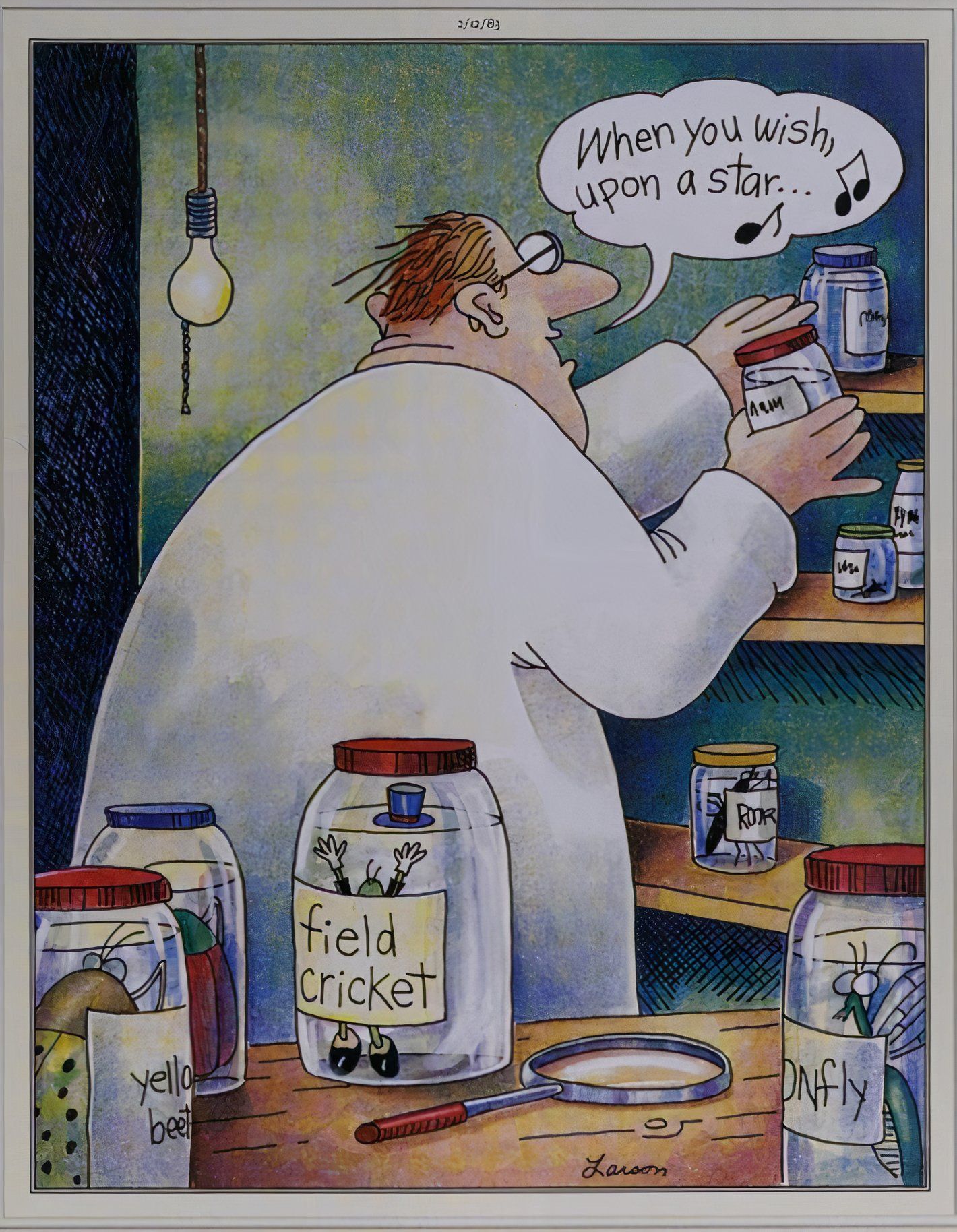 Far Side, February 12, 1983, a scientist with jiminy cricket in formaldehyde