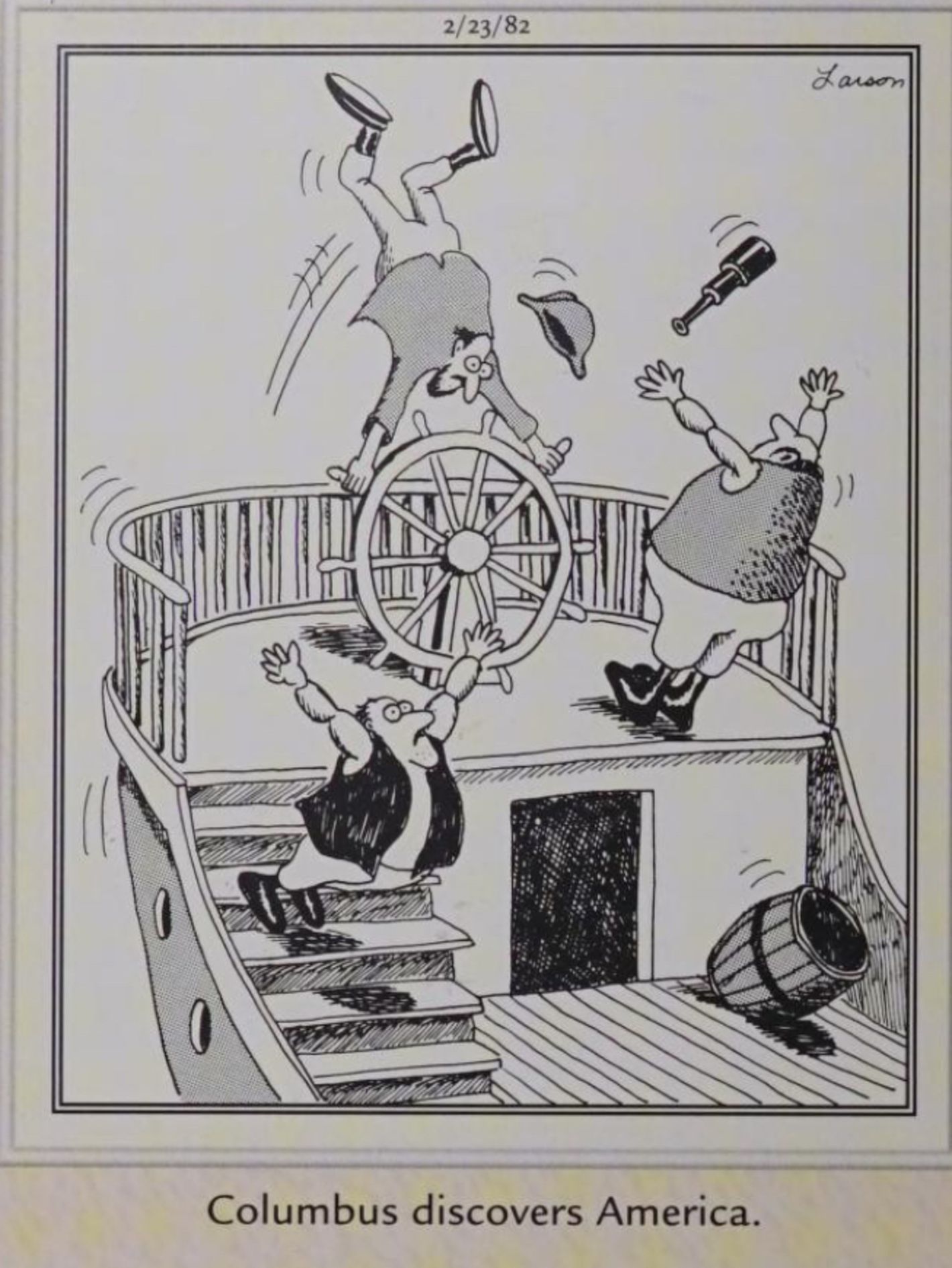 Far Side, February 23, 1982, captioned 'Columbus discovers America'