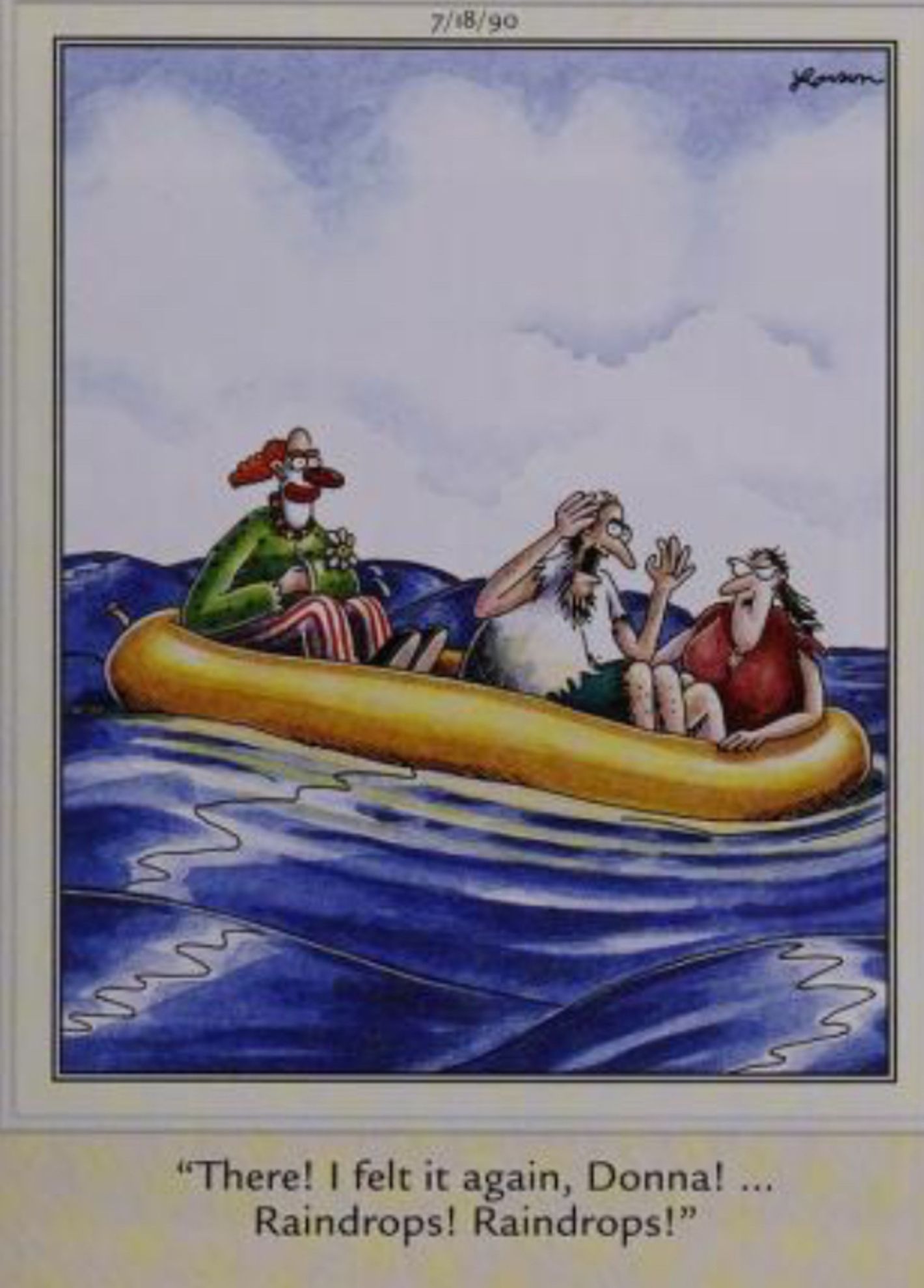 Far Side, July 18, 1990, a clown terrorizes a man in a life raft
