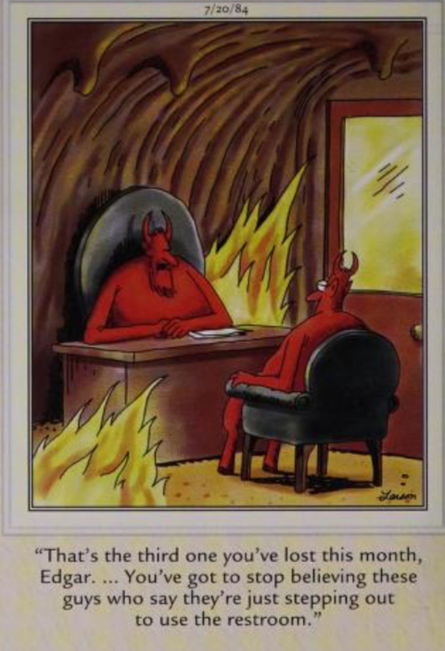 Far Side, July 20, 1984, a demon in hell is chastised for letting people escape