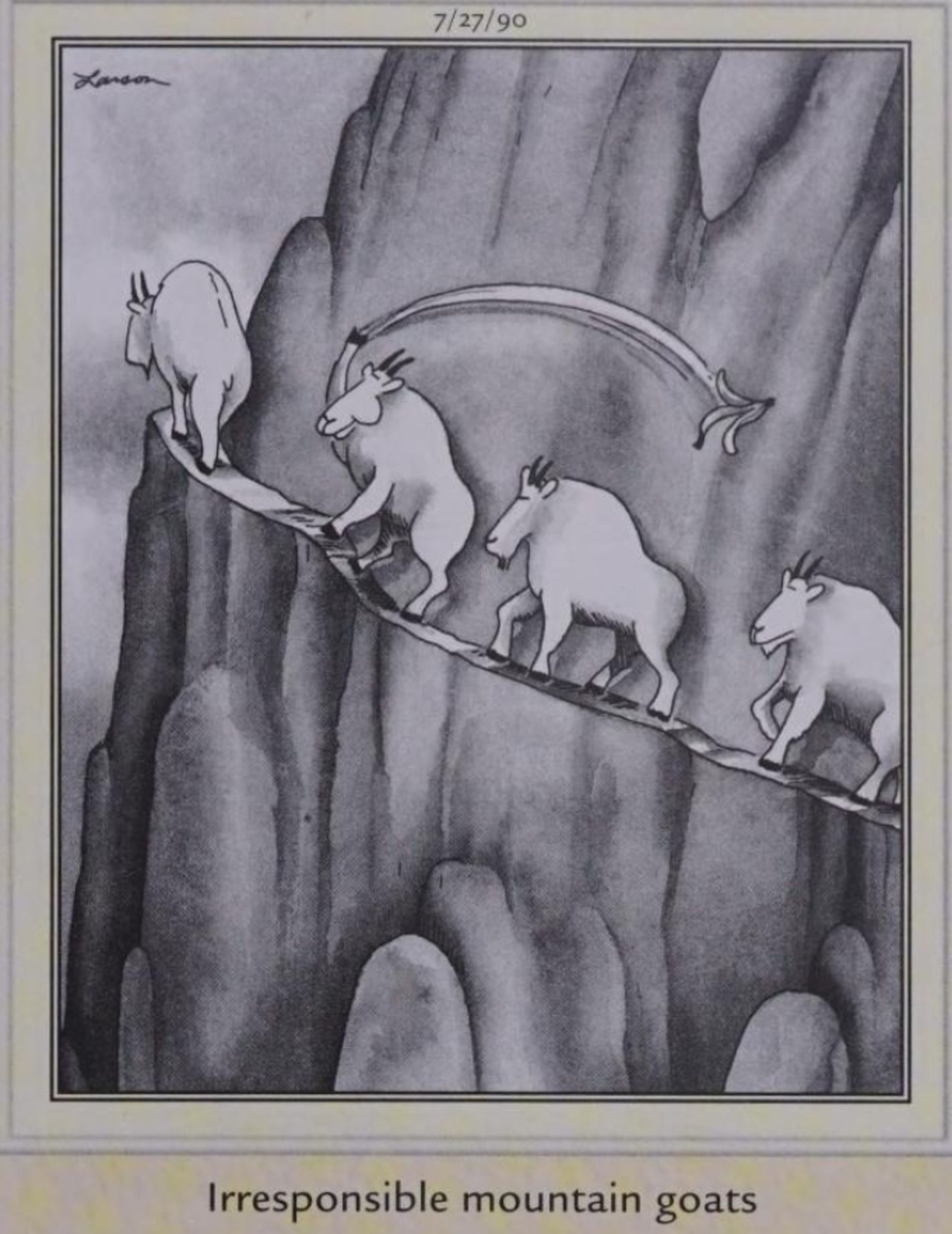 Far Side, July 27, 1990, a mountain goat throws a banana carelessly while navigating a narrow mountain pass