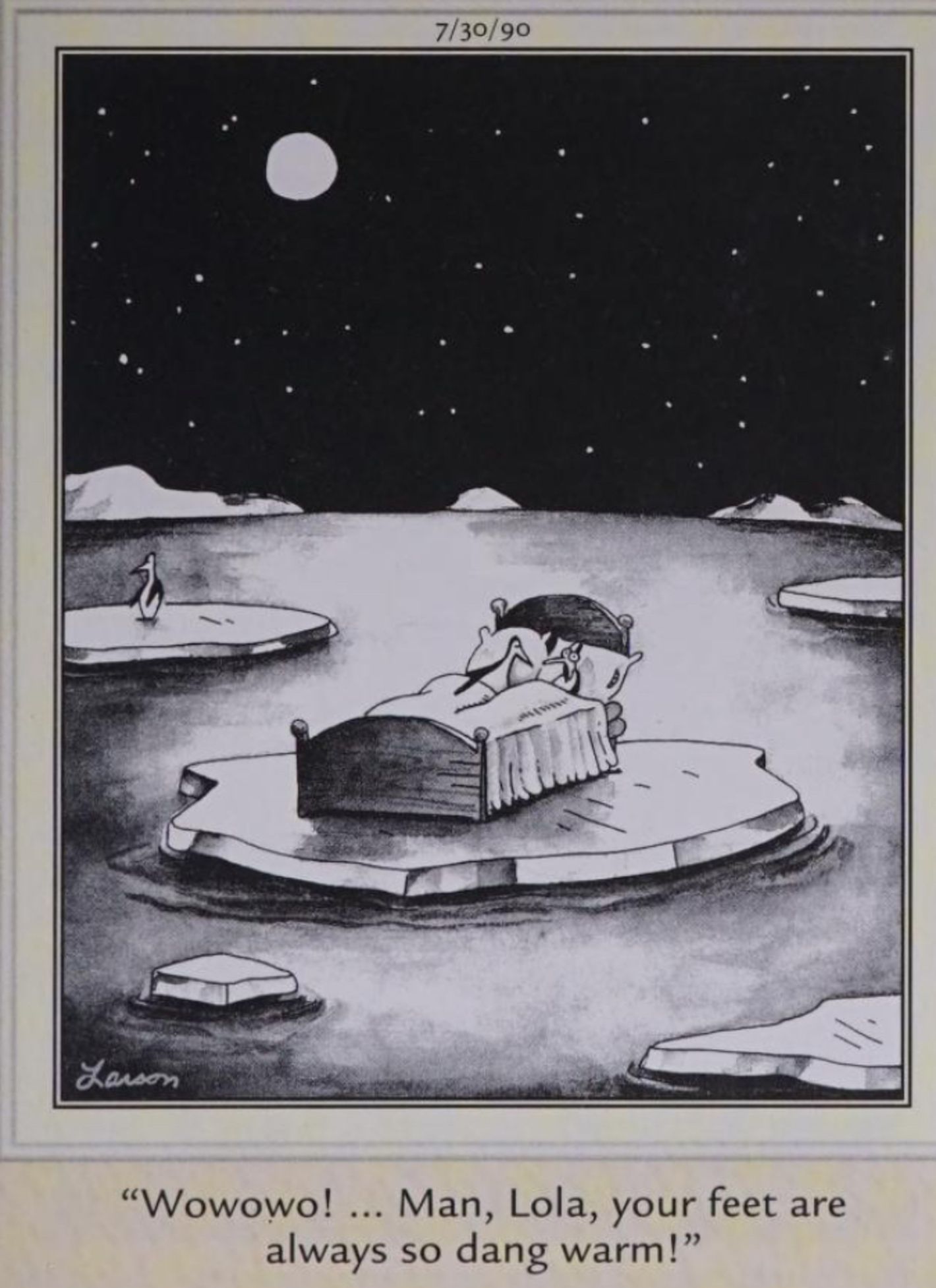 Far Side, July 30, 1990, a penguin complains that his spouse's feet are warm