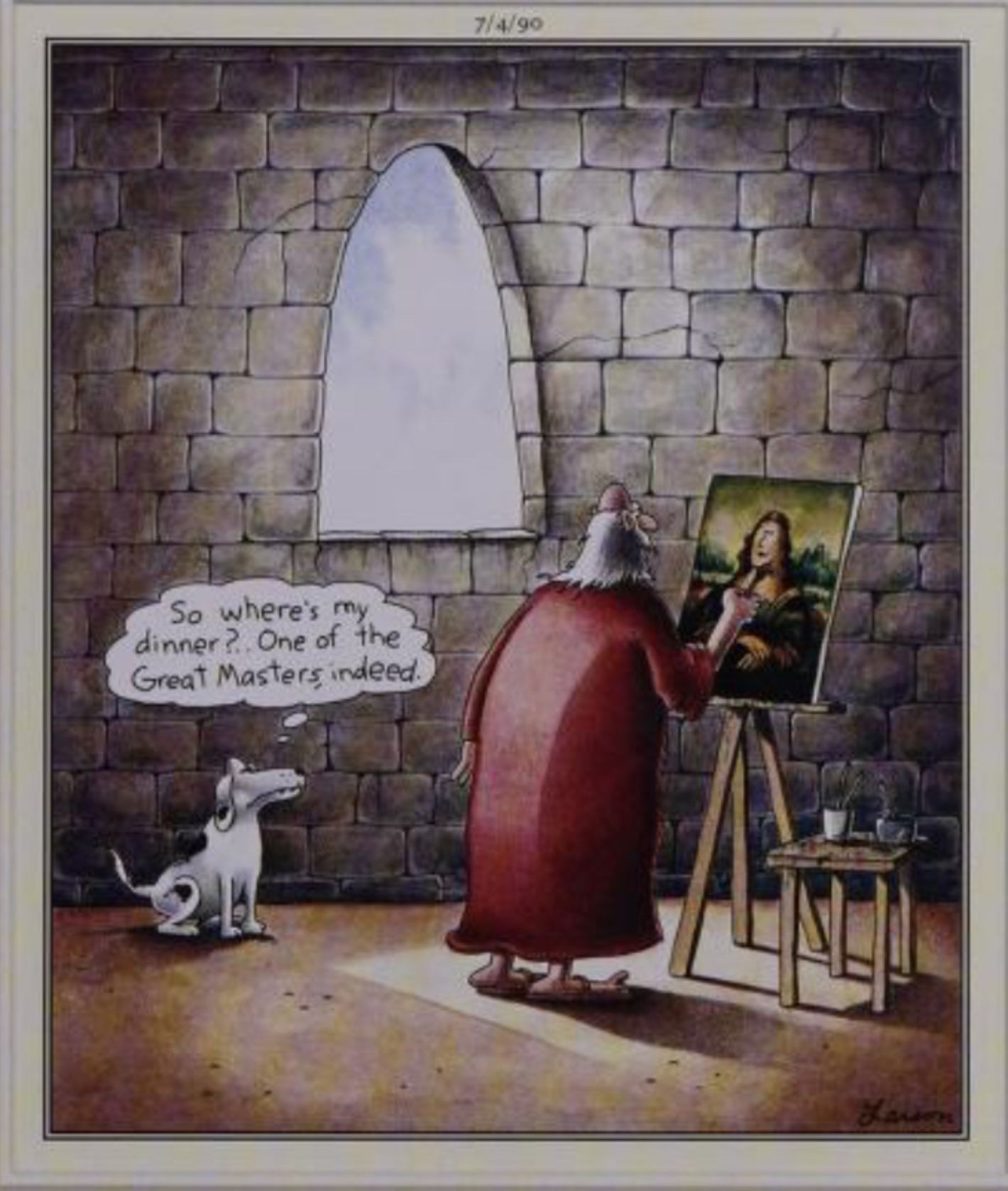 Far Side, July 4, 1990, Da Vinci's dog complains that it hasn't been fed yet