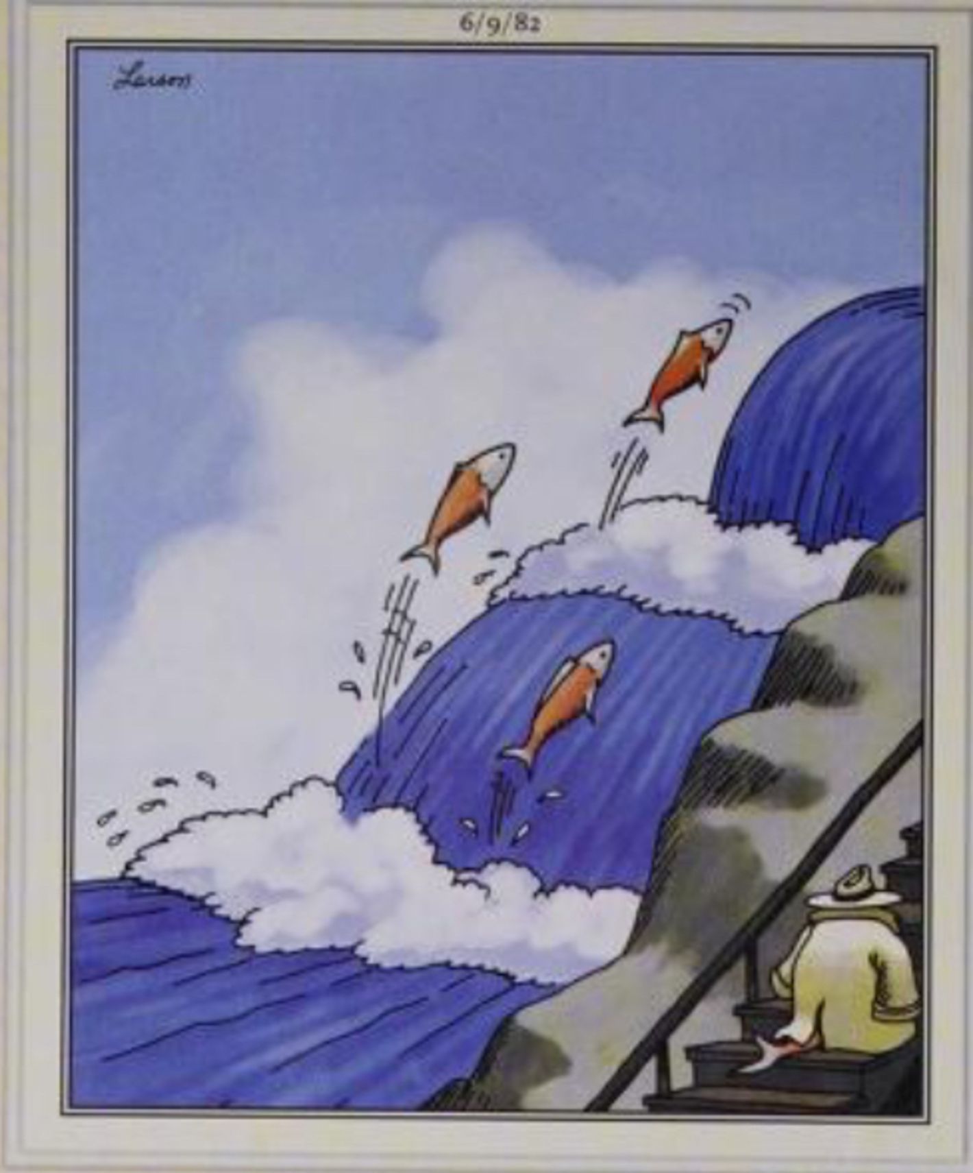Far Side, June 9, 1982, a salmon taking the stairs upstream