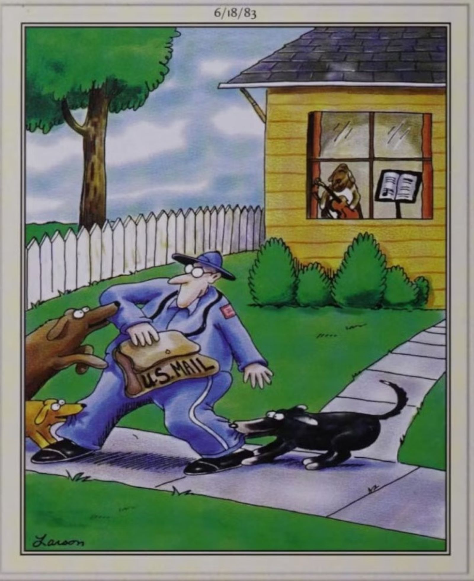 far side mailman vs dog violin