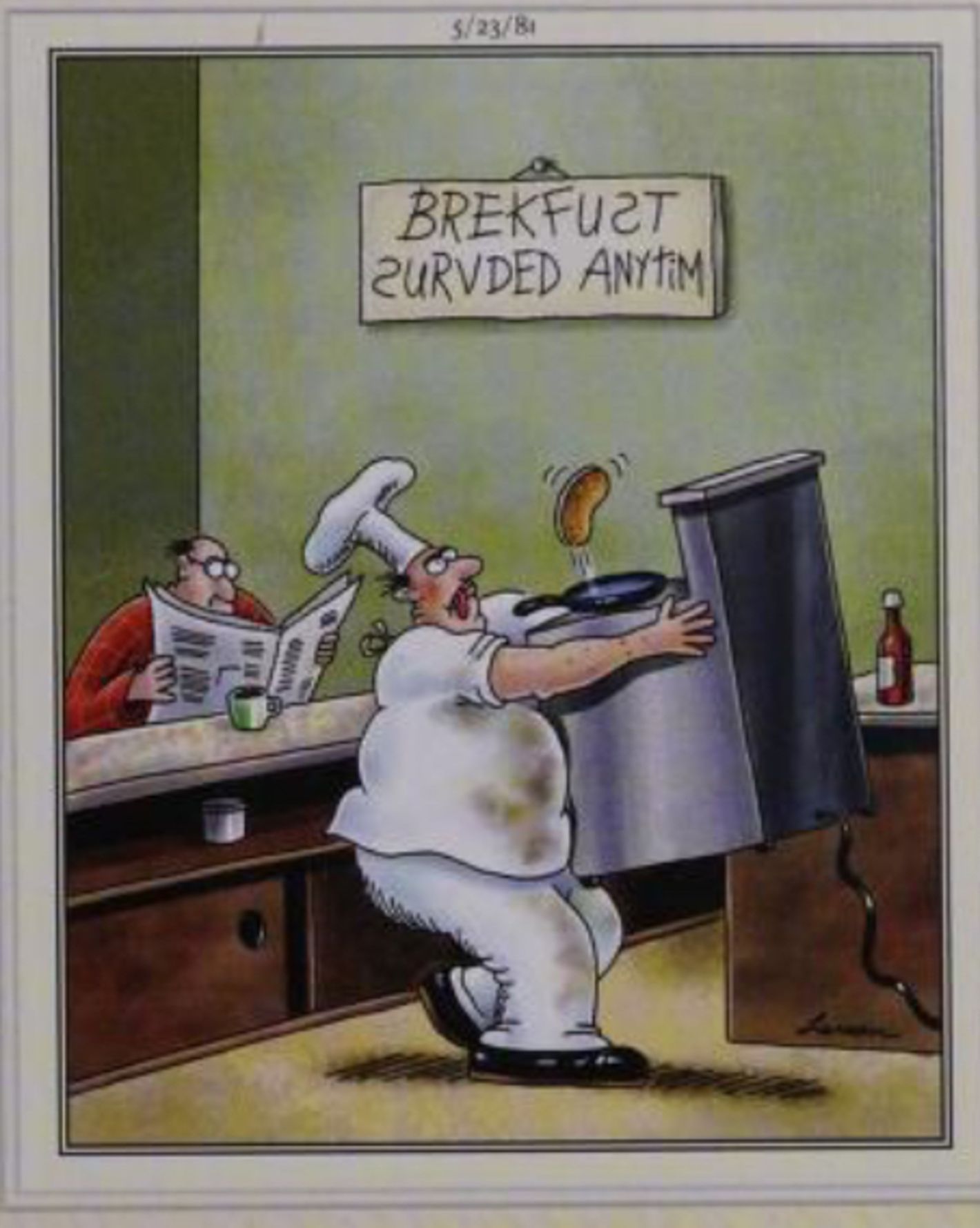 Far Side, May 23, 1981, a cook lifts the entire stove to flip a pancake