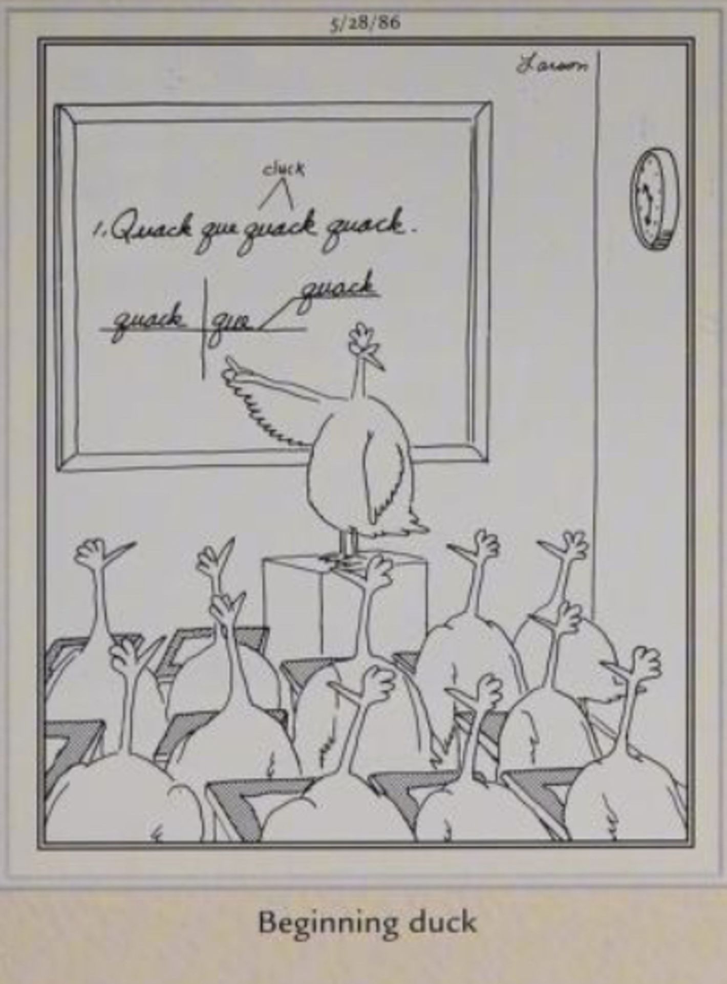 Far Side, May 28, 1986, chickens learning 'beginning duck'