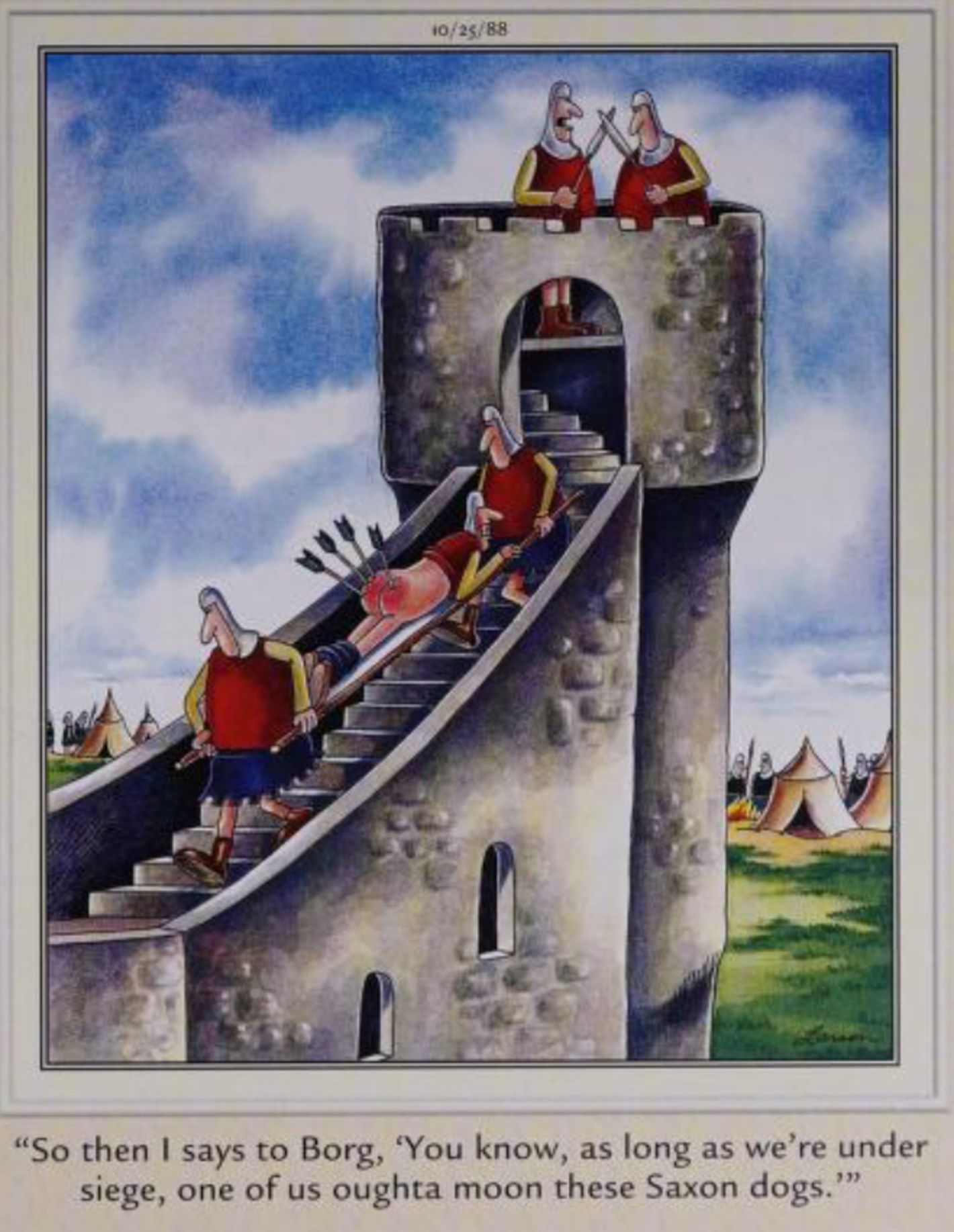 Far Side 25 ottobre 1988, soldato medievale con il sedere pieno di frecce