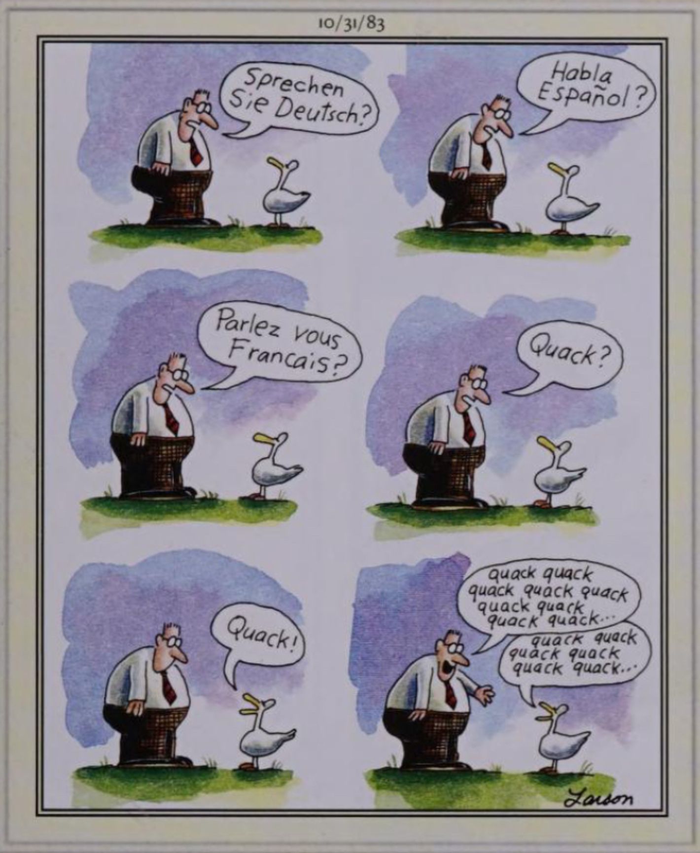 Far Side, October 31, 1983, a man and a duck have a conversation