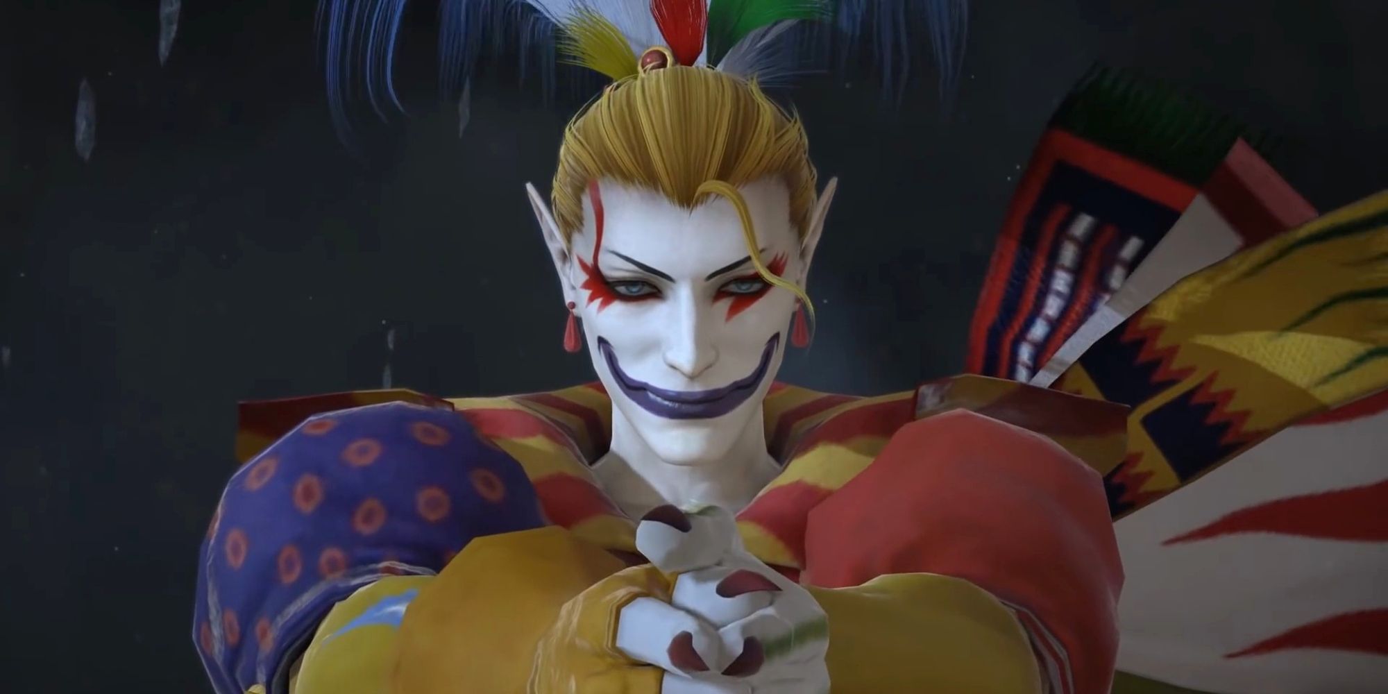 Final Fantasy 14's Kefka points forward with both his index fingers as he clutches his hands together.