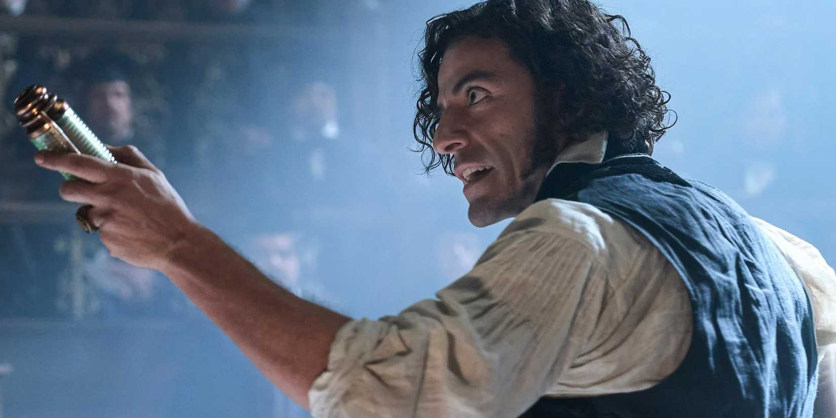 Oscar Isaac speaking to a crowd in Guillermo del Toro's Frankenstein