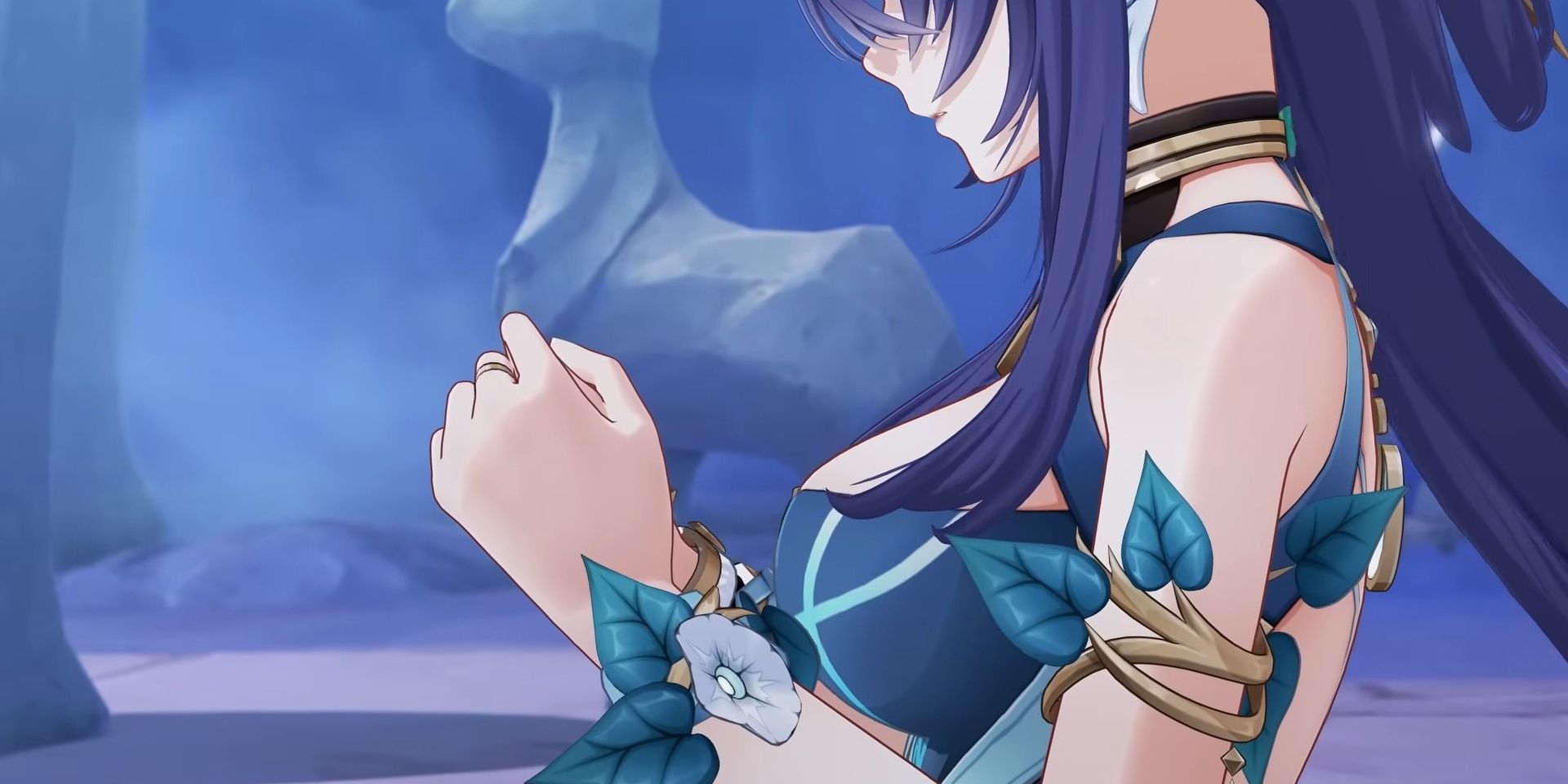 Genshin Impact's Lauma holds her hands together as she prays.