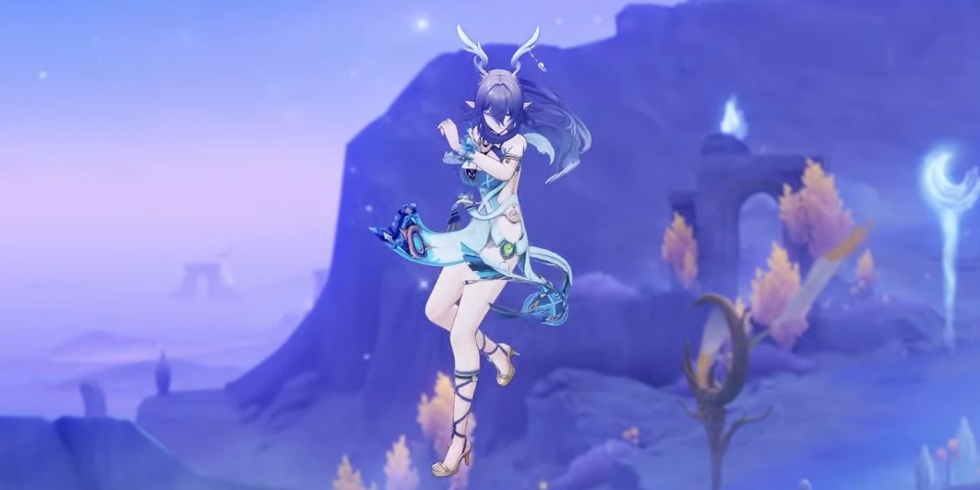 Genshin Impact's Lauma jumps, and her Dendro Vision can be seen on her dress.