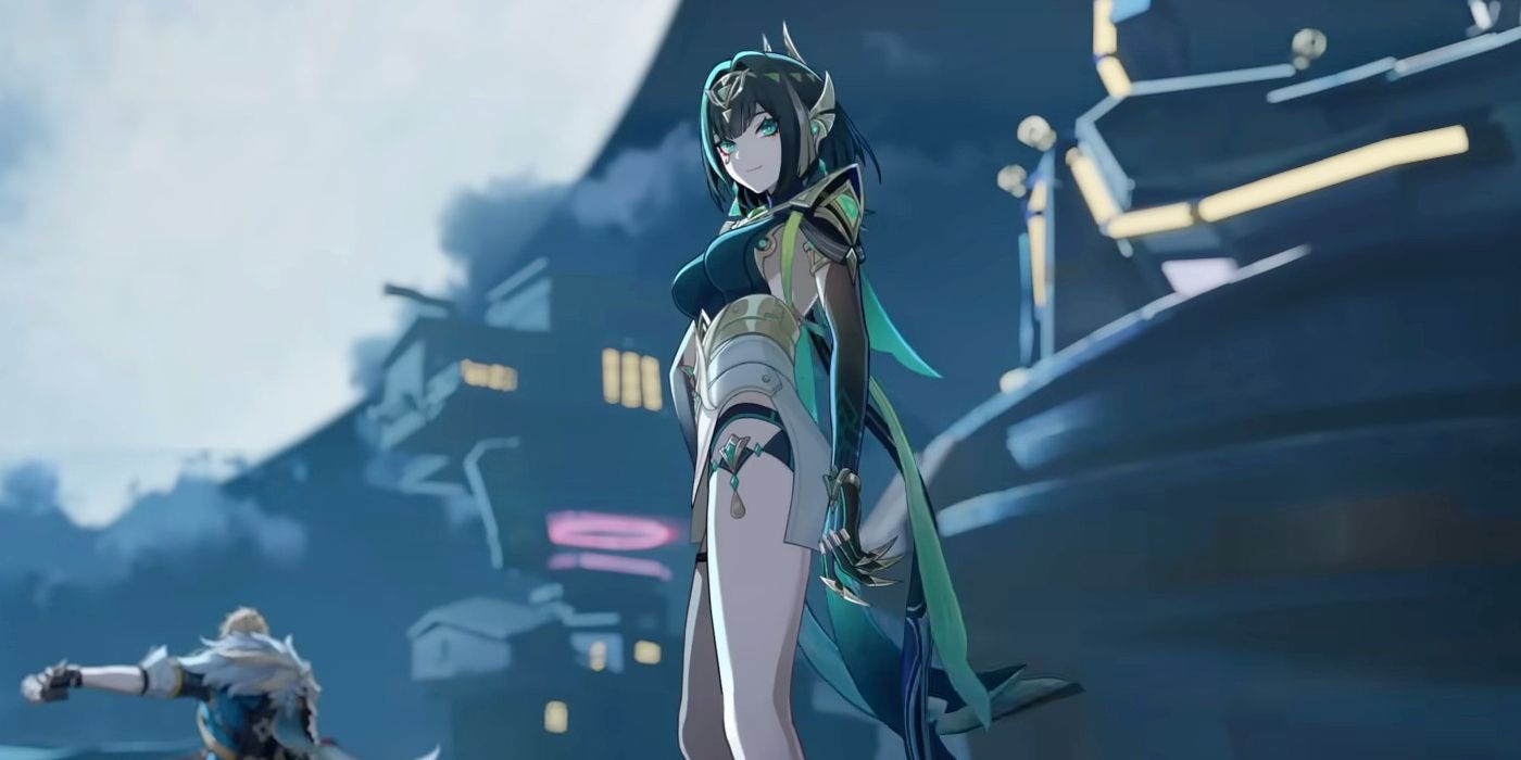 Genshin Impact's Nefer stands under the moonlight, with Varka in the distance.