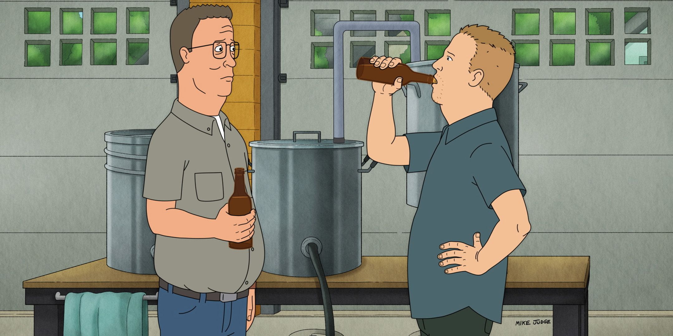 Hank looking uncertain while Bobby drinks a beer in King of the Hill season 14