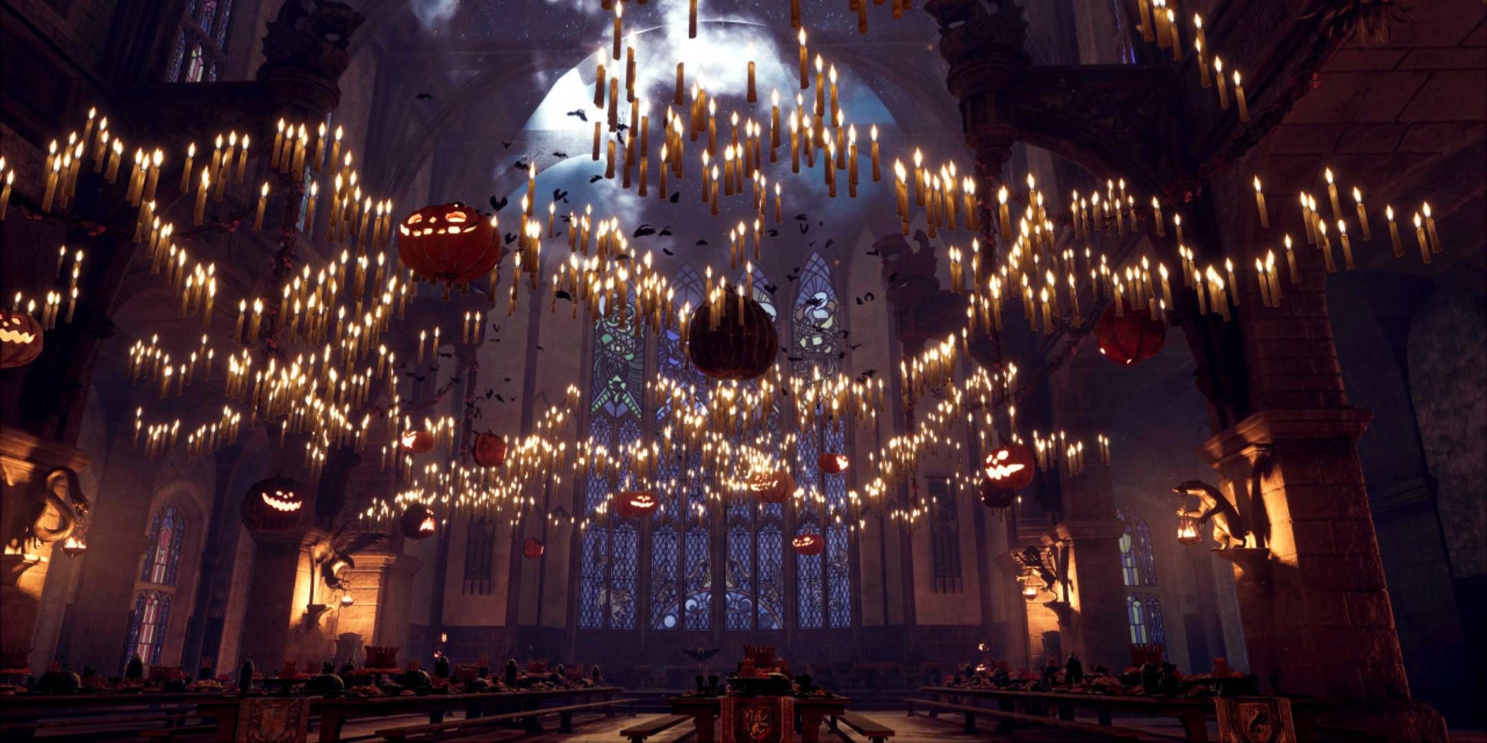 Candles floating amongst pumpkins in the Great Hall in Hogwarts Legacy.