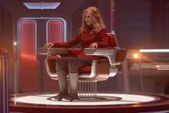Holly Hunter as Captain Nahla Ake in her captain's chair on Star Trek: Starfleet Academy