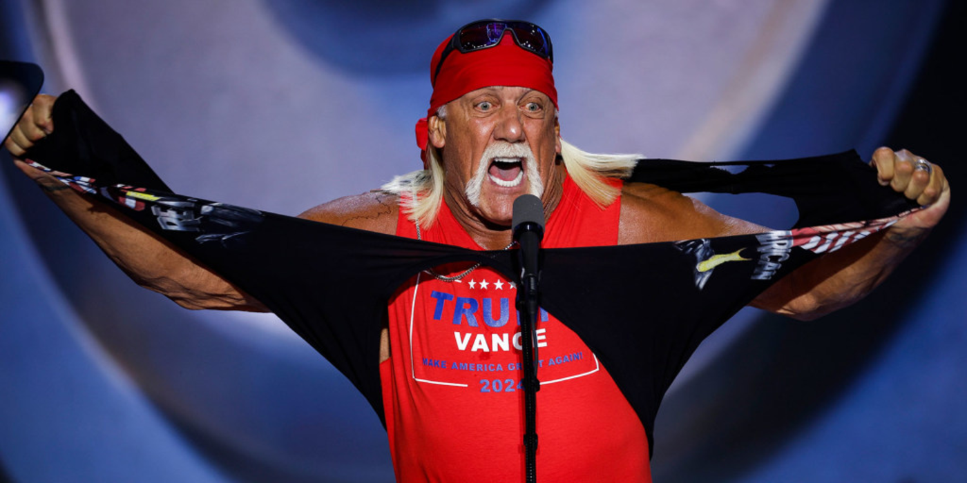 Hulk Hogan tears his shirt at a Trump rally