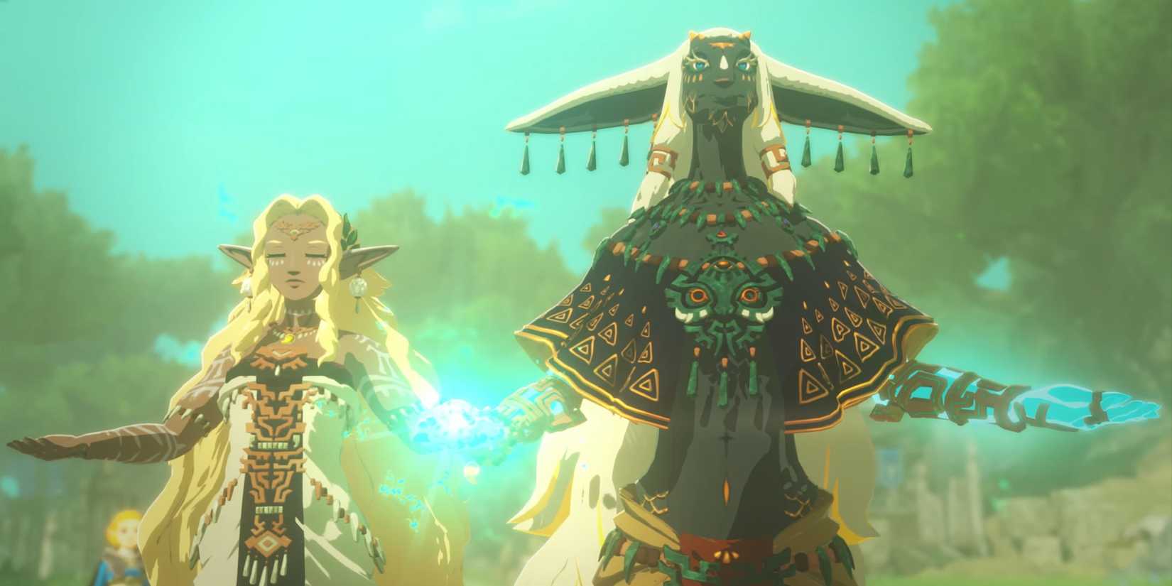 Hyrule Warriors: Age of Imprisonment Zonai characters holding hands on a blue background.