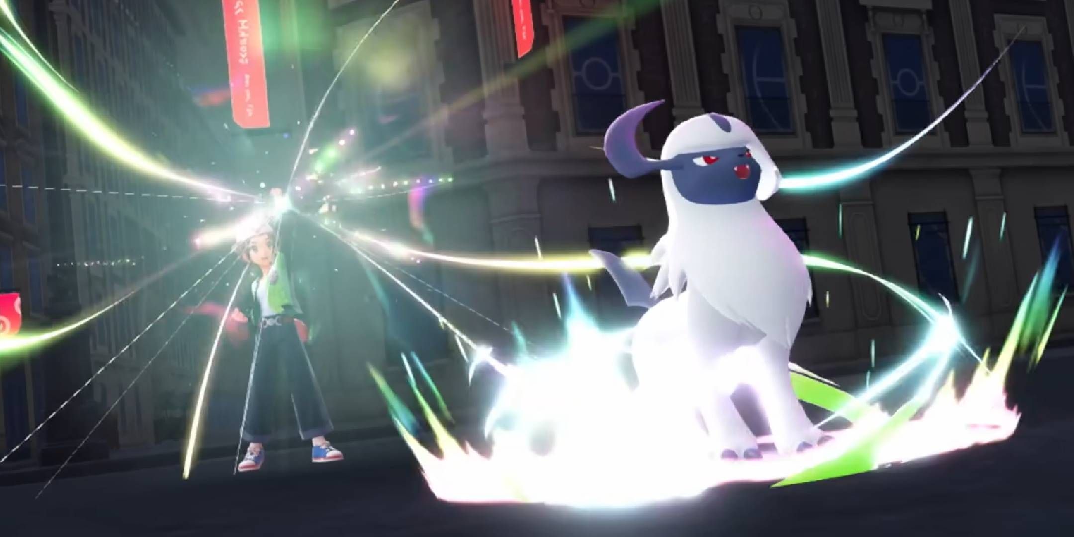 Pokémon Legends: Z-A trainer having Absol Mega Evolve during a battle