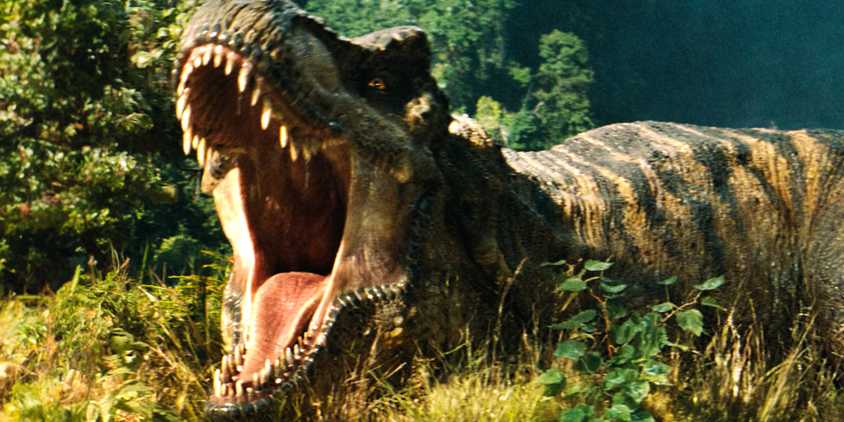 T. rex roaring in Jurassic World Rebirth