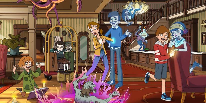 A group of characters interacting inside a hotel in Netflix's Haunted Hotel