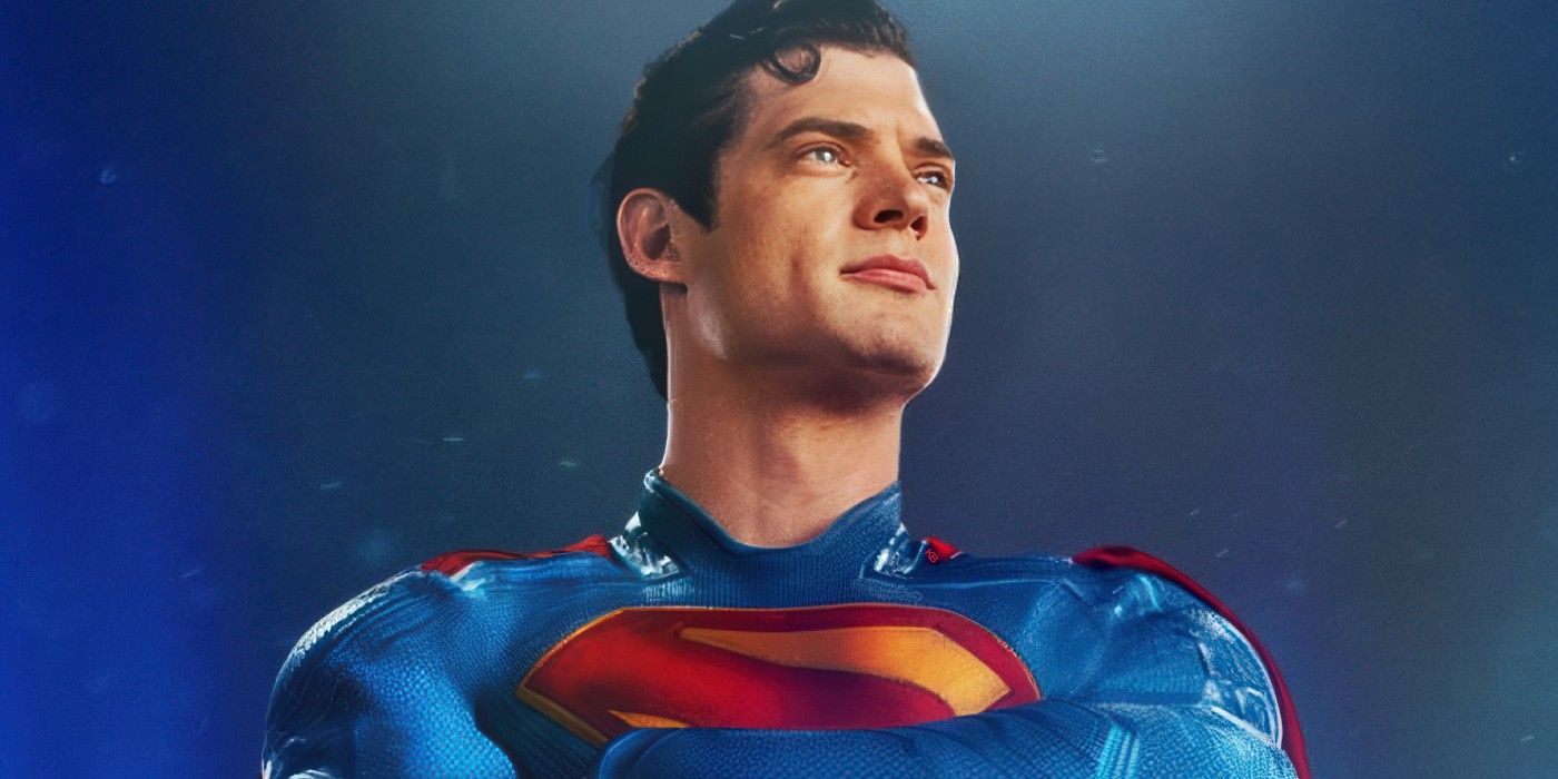 David Corenswet standing with his crossed arms as Superman looking strong