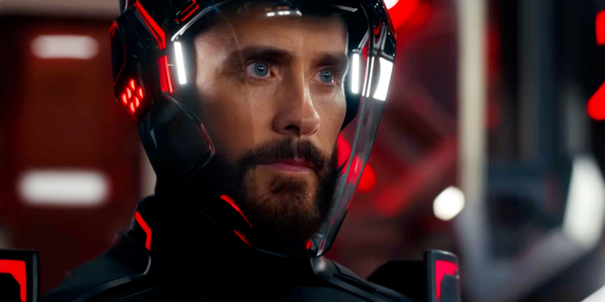 Jared Leto in Tron Ares in a futuristic suit with his face showing