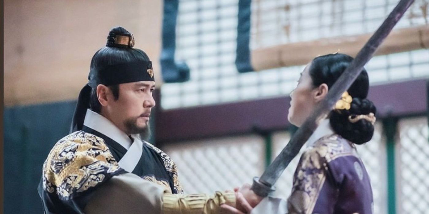 King Taejong pointing his sword at the queen in Joseon Exorcist