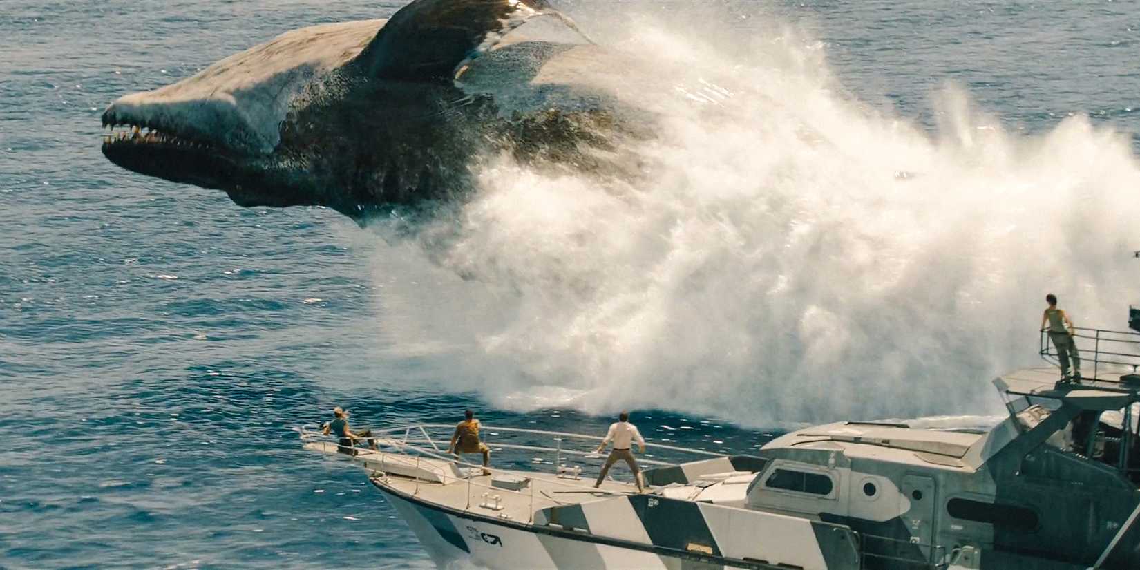 A dinosaur that looks like a whale splashing beside a boat in Jurᴀssic World Rebirth