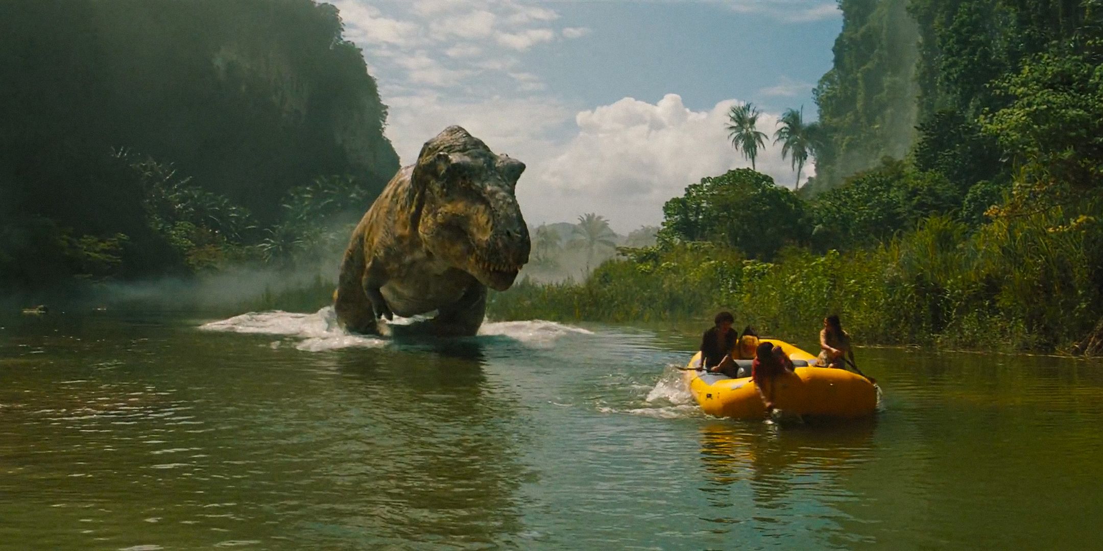 A T-Rex sneaking up on an inflatable boat in Jurassic World Rebirth
