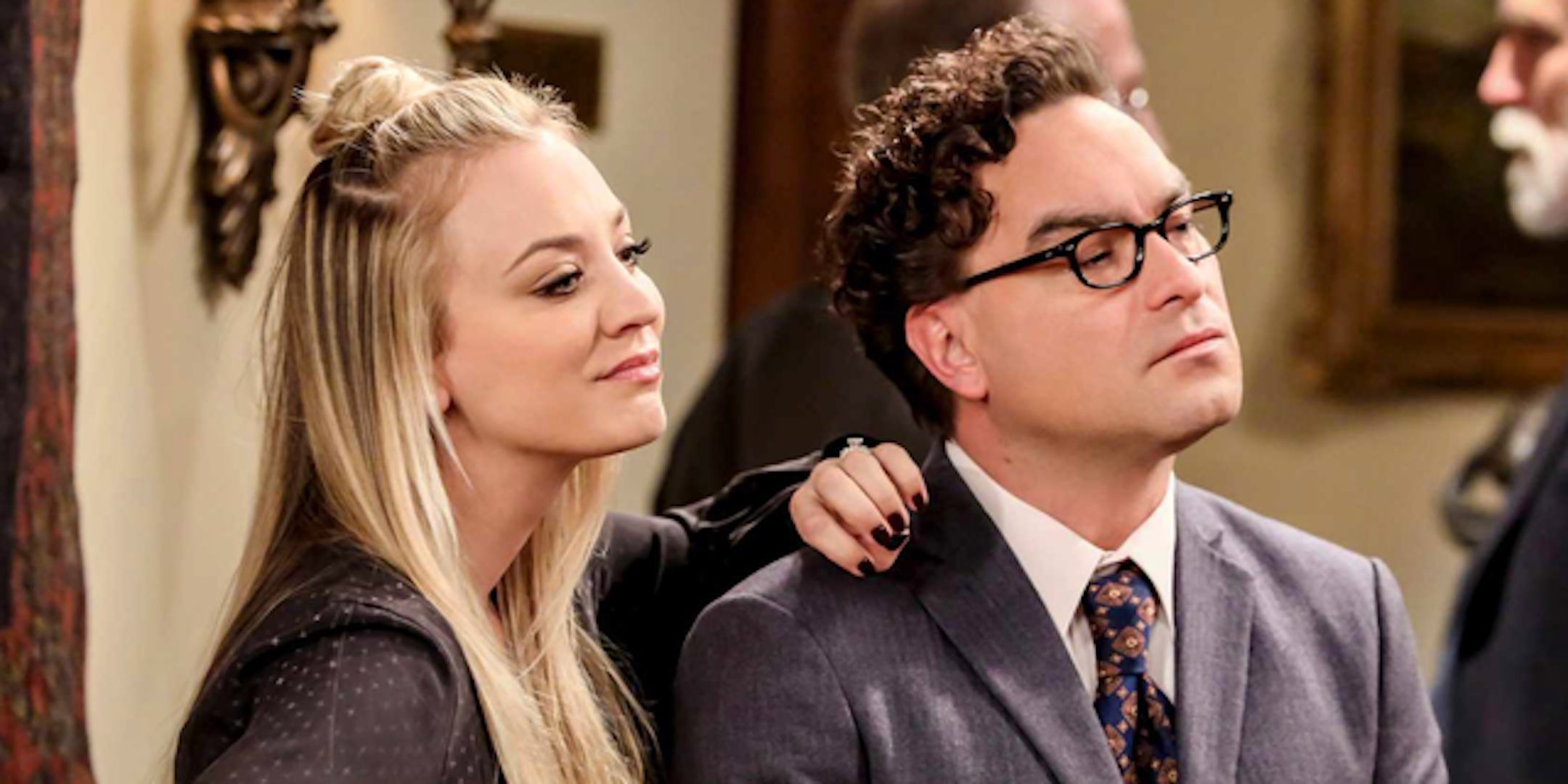 Kaley Cuoco's Penny and Johnny Galecki's Leonard stand together in The Big Bang Theory