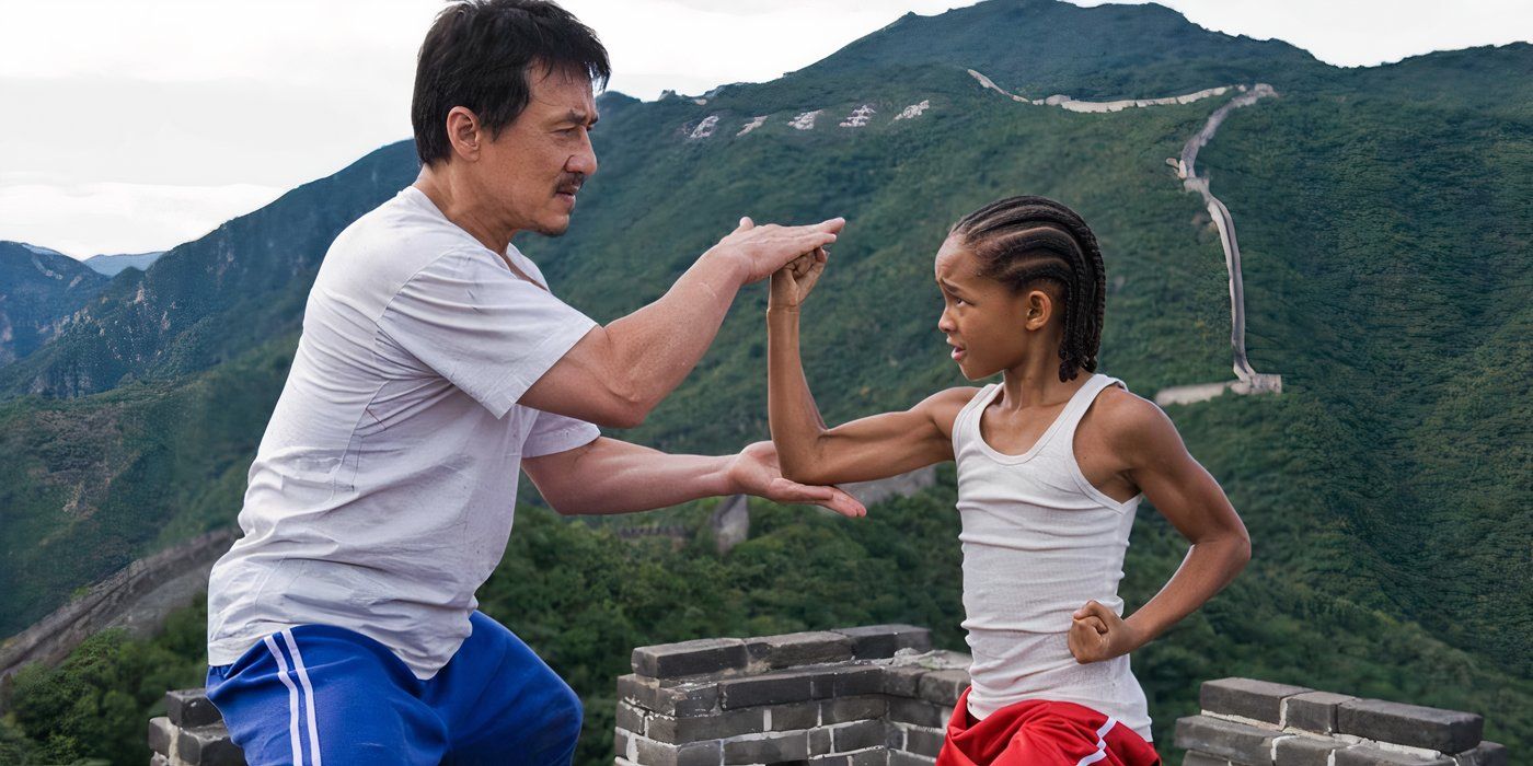 Jackie Chan as Mr. Han training Jaden Smith as Dre Parker in The Karate Kid (2010)