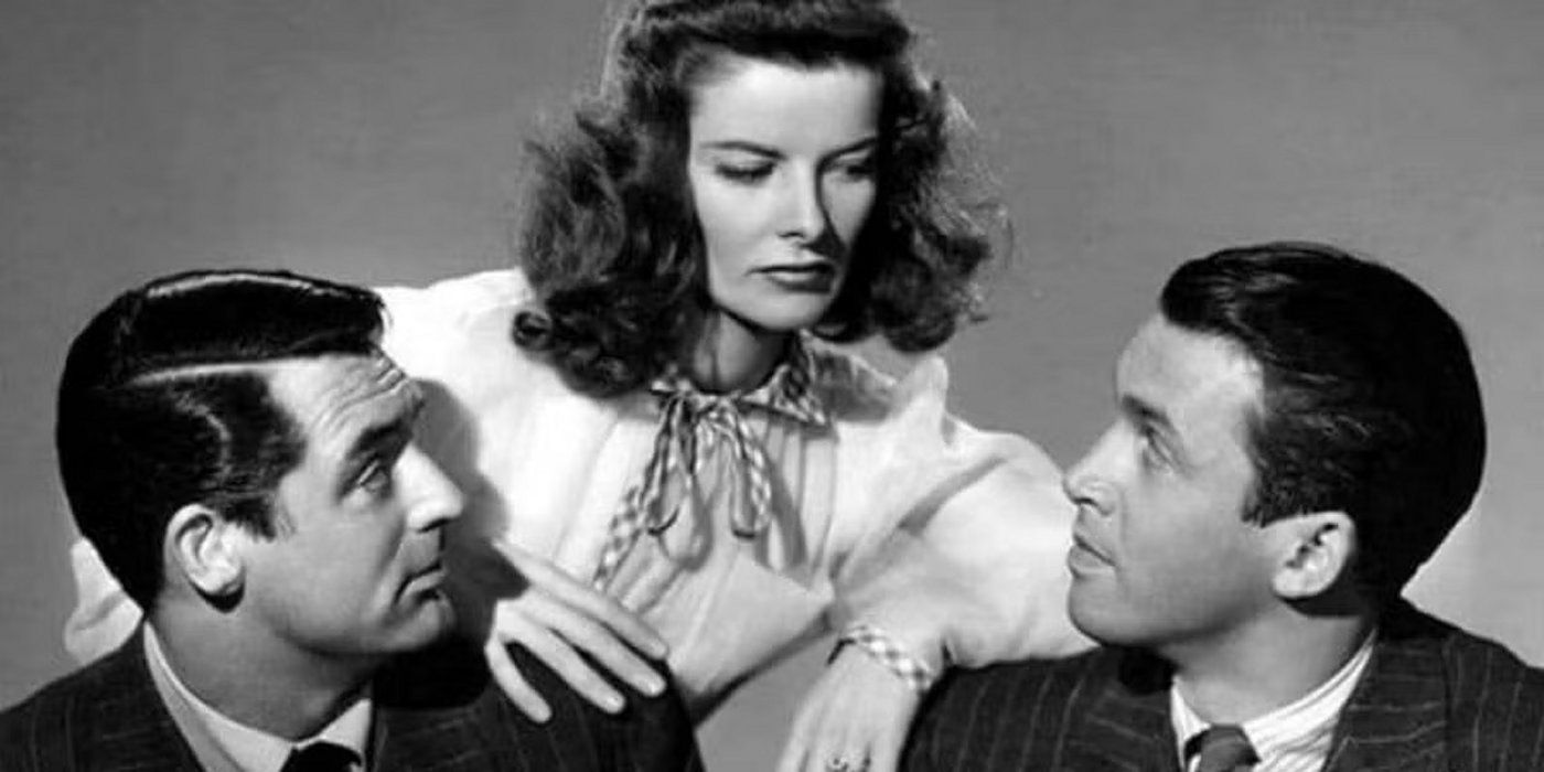 Katharine Hepburn James Stewart and Cary Grant in publlicity still for Philadelphia Story