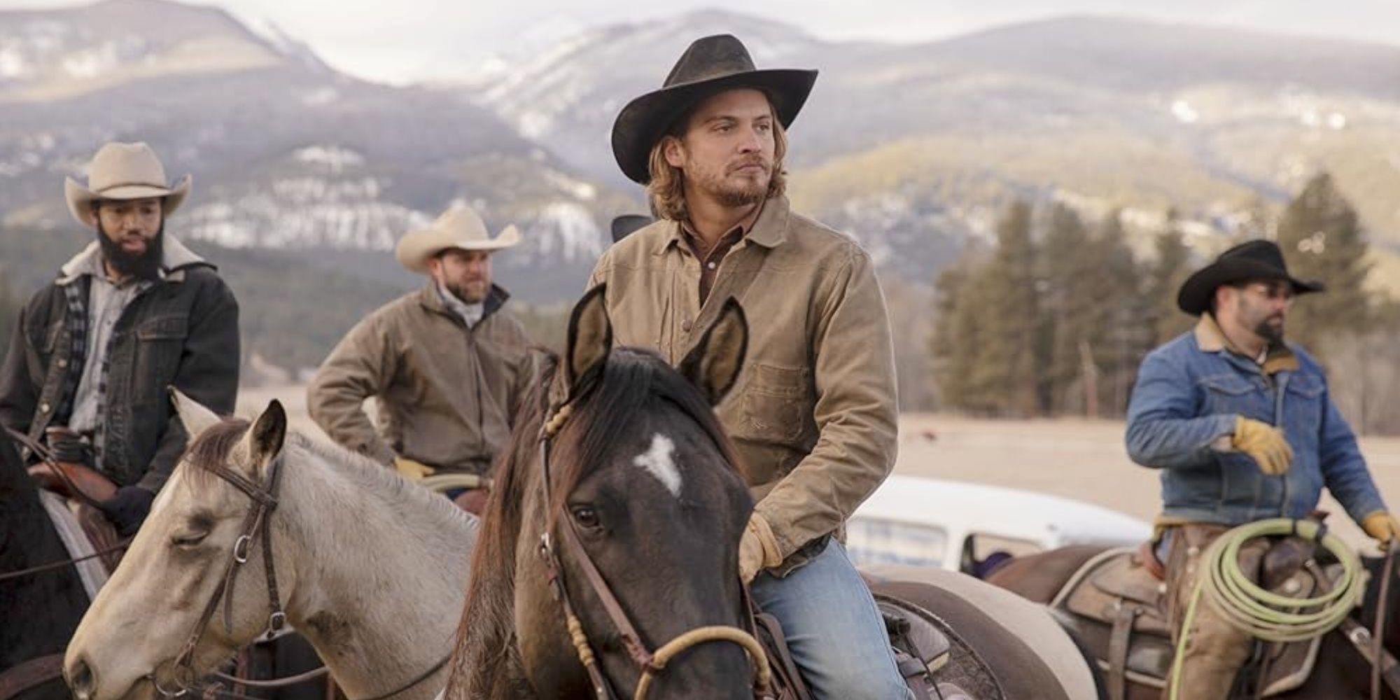 Kayce and the cowboys on horseback in Yellowstone season 2, episode 9 Enemies by Monday