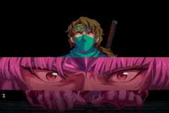 Kenji types on a computer with glowing hands with a close-up of Kumori in a rectangle beneath him in Ninja Gaiden Ragebound-1